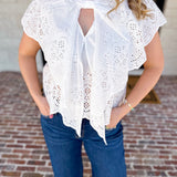 Ivory Eyelet Bow Front Blouse-200 Fashion Blouses-ALLIE ROSE-July & June Women's Fashion Boutique Located in San Antonio, Texas