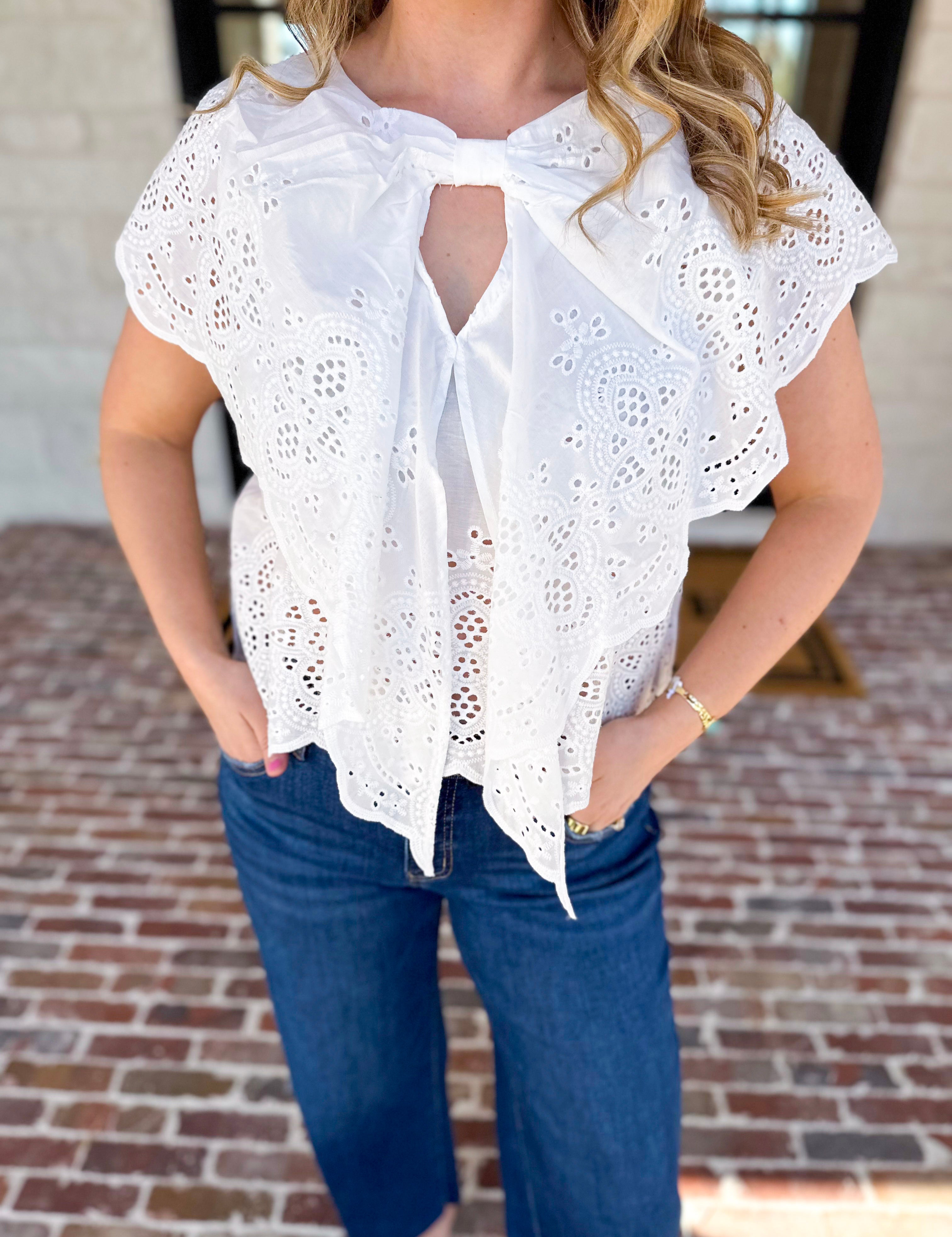 Ivory Eyelet Bow Front Blouse-200 Fashion Blouses-ALLIE ROSE-July & June Women's Fashion Boutique Located in San Antonio, Texas
