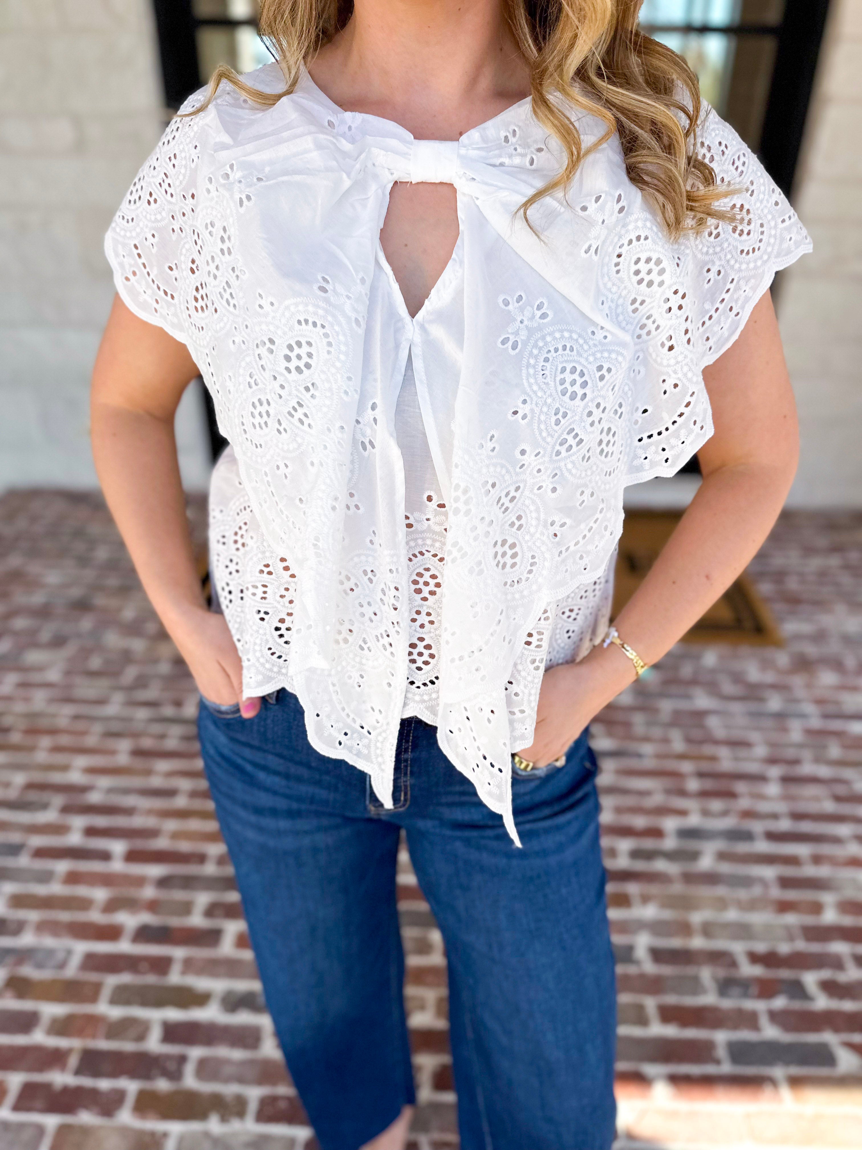 Ivory Eyelet Bow Front Blouse-200 Fashion Blouses-ALLIE ROSE-July & June Women's Fashion Boutique Located in San Antonio, Texas