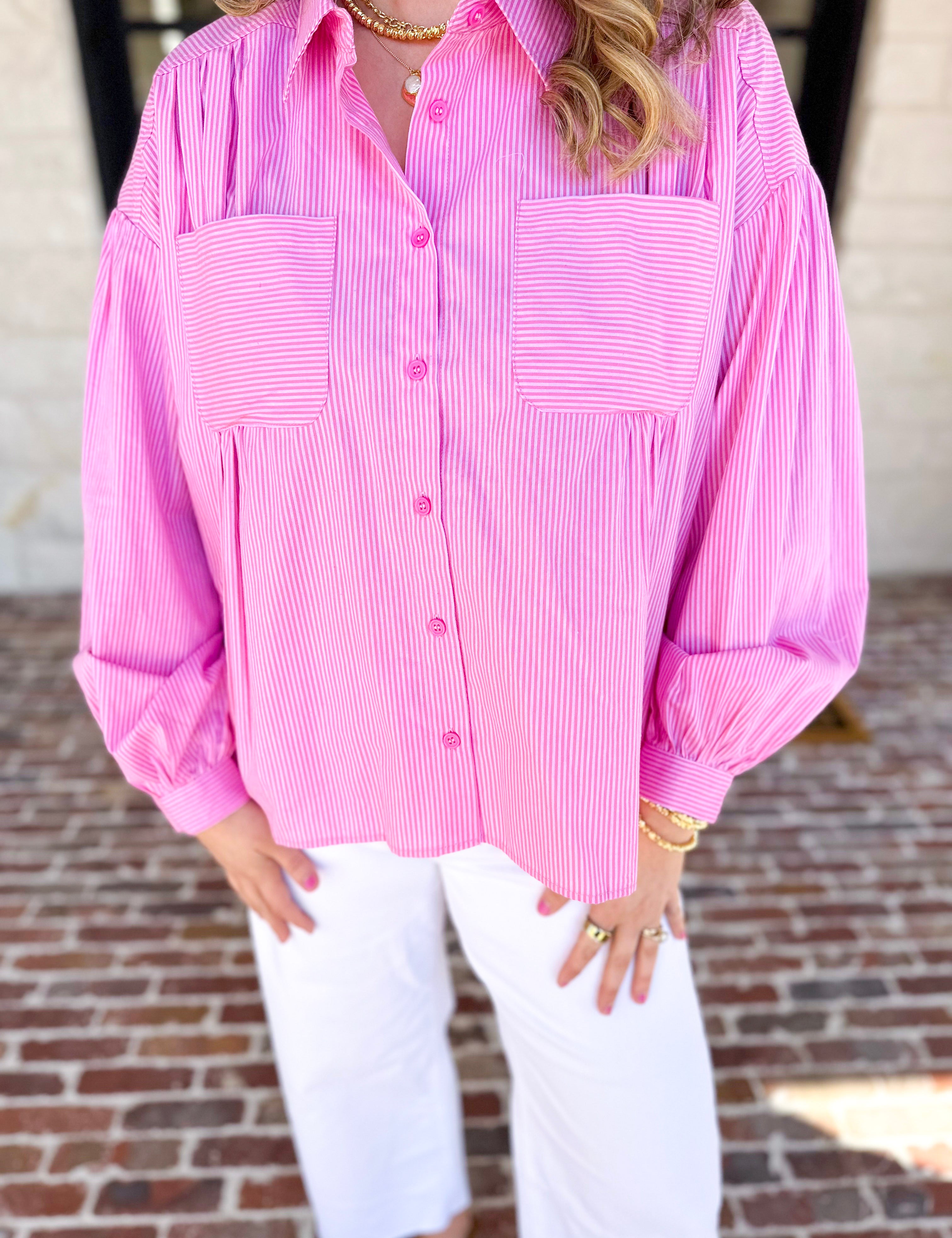 Pink Pinstripe Button Down Blouse-200 Fashion Blouses-FATE-July & June Women's Fashion Boutique Located in San Antonio, Texas