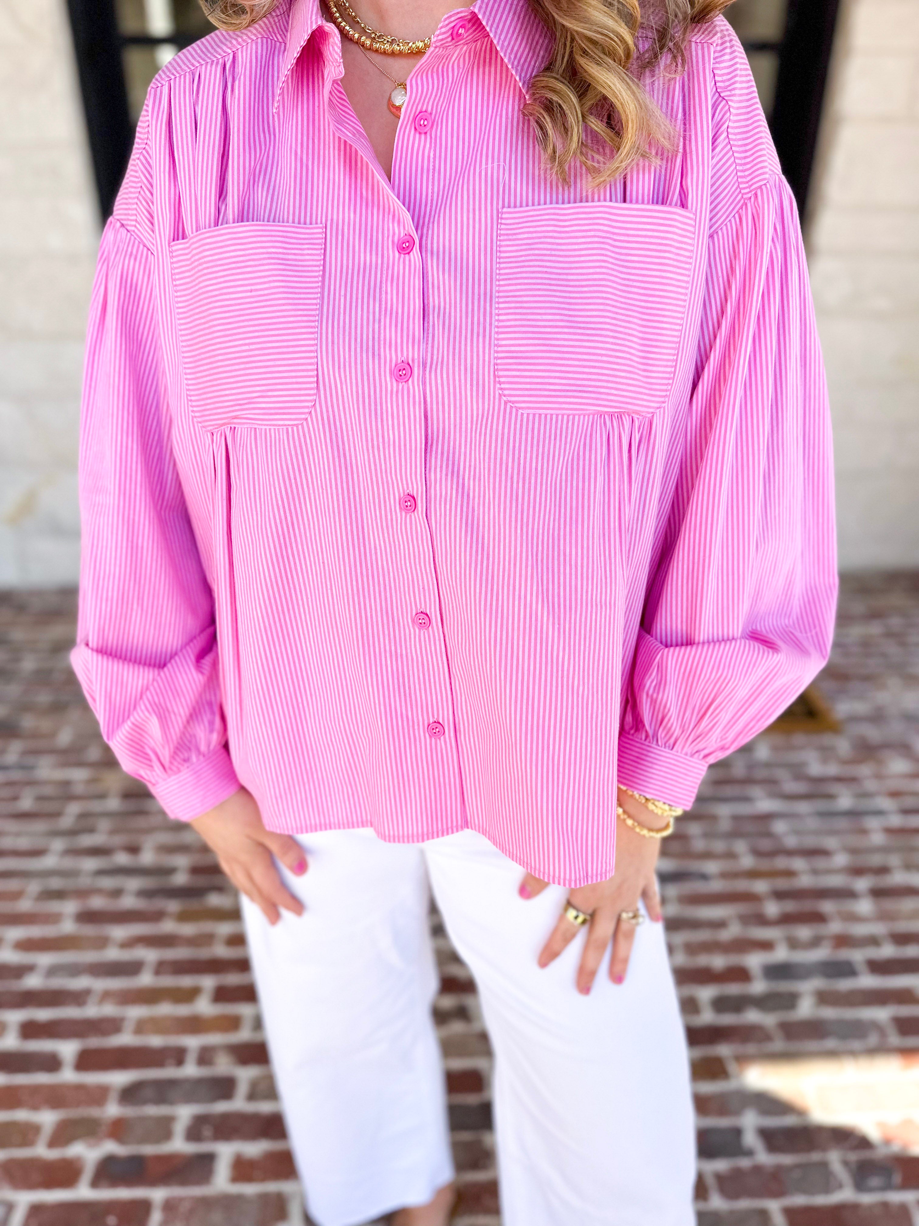 Pink Pinstripe Button Down Blouse-200 Fashion Blouses-FATE-July & June Women's Fashion Boutique Located in San Antonio, Texas