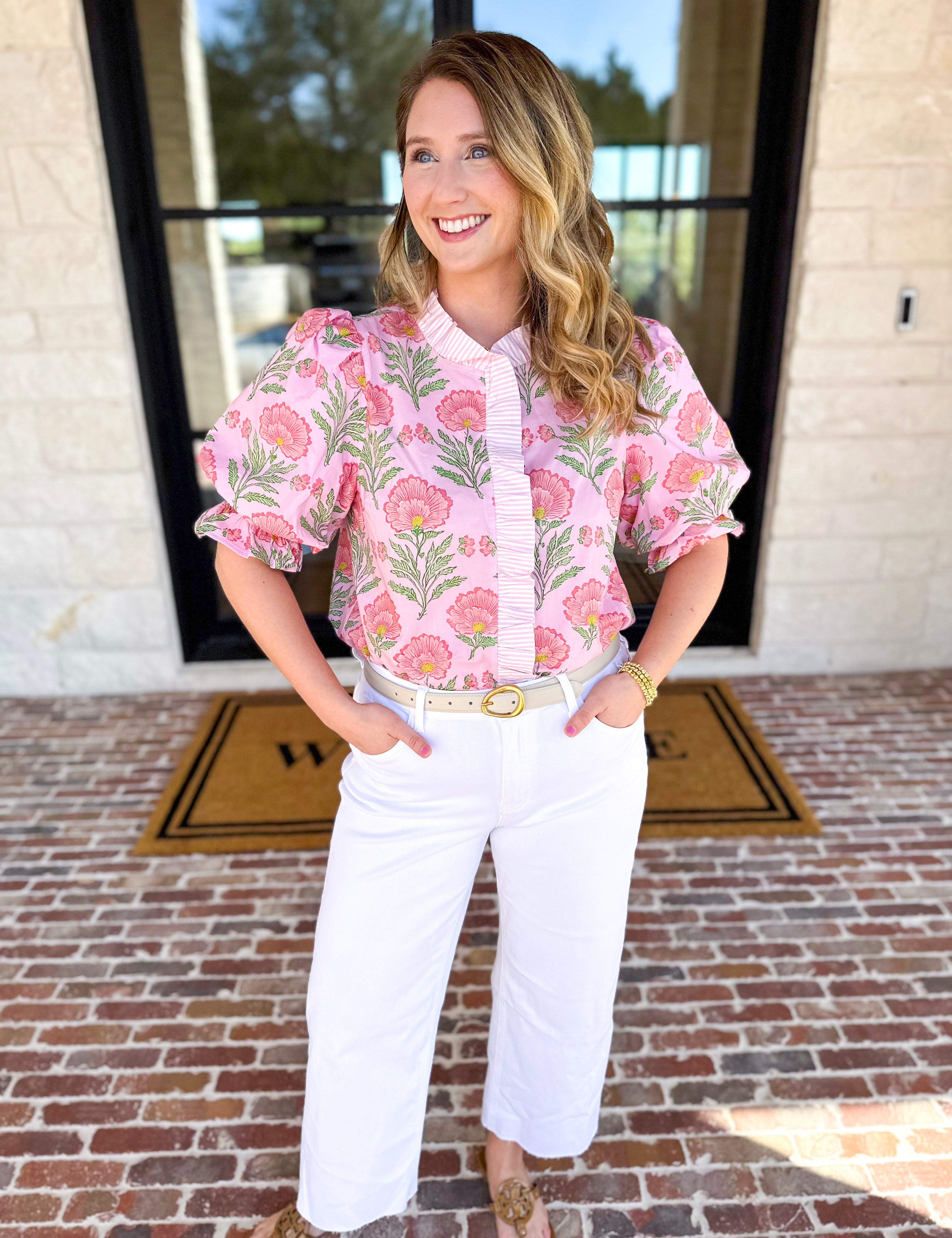 Floral Fun Blouse - Pink-200 Fashion Blouses-ENTRO-July & June Women's Fashion Boutique Located in San Antonio, Texas