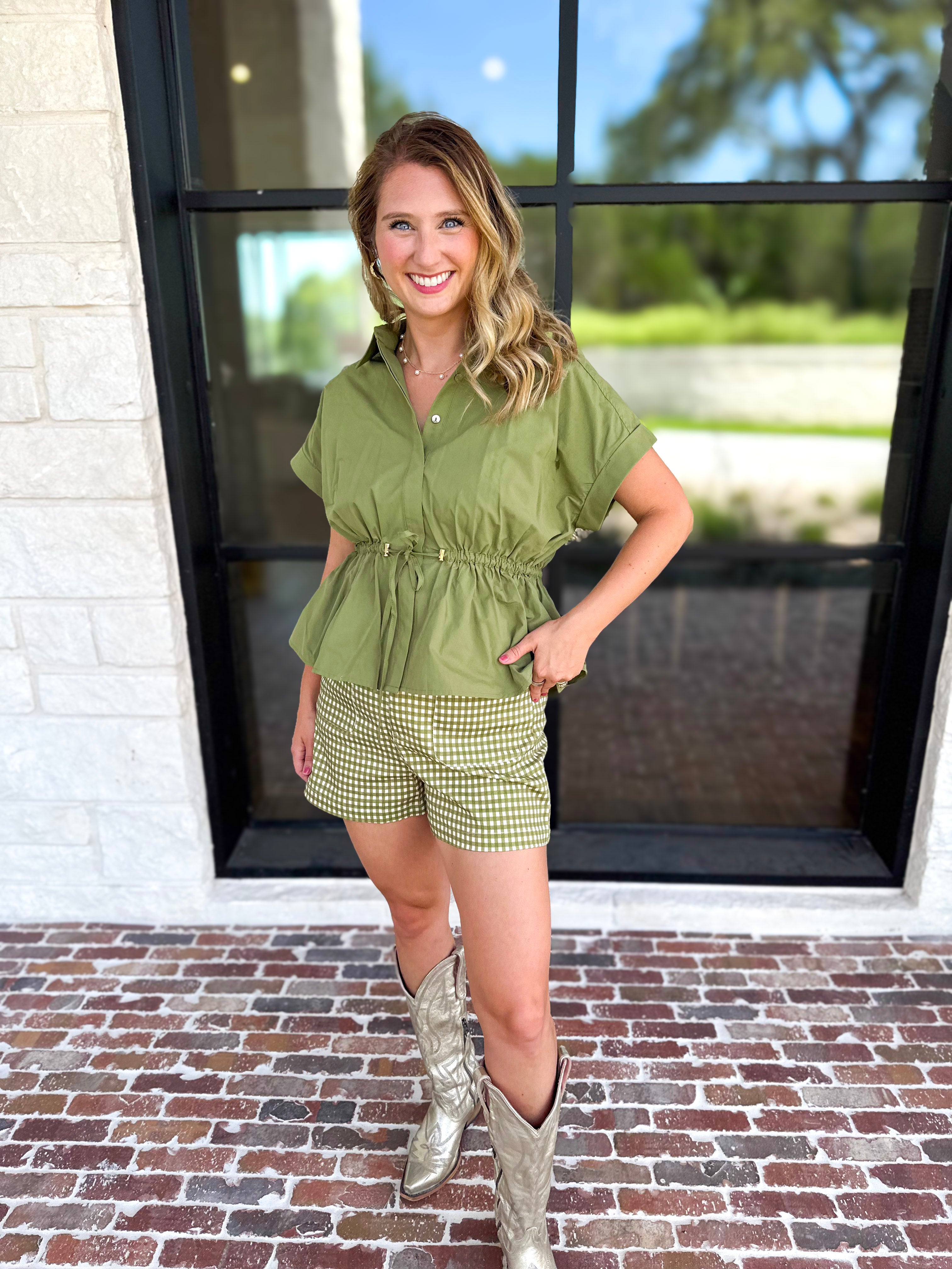 Cinch Waist Blouse - Olive-200 Fashion Blouses-ENTRO-July & June Women's Fashion Boutique Located in San Antonio, Texas