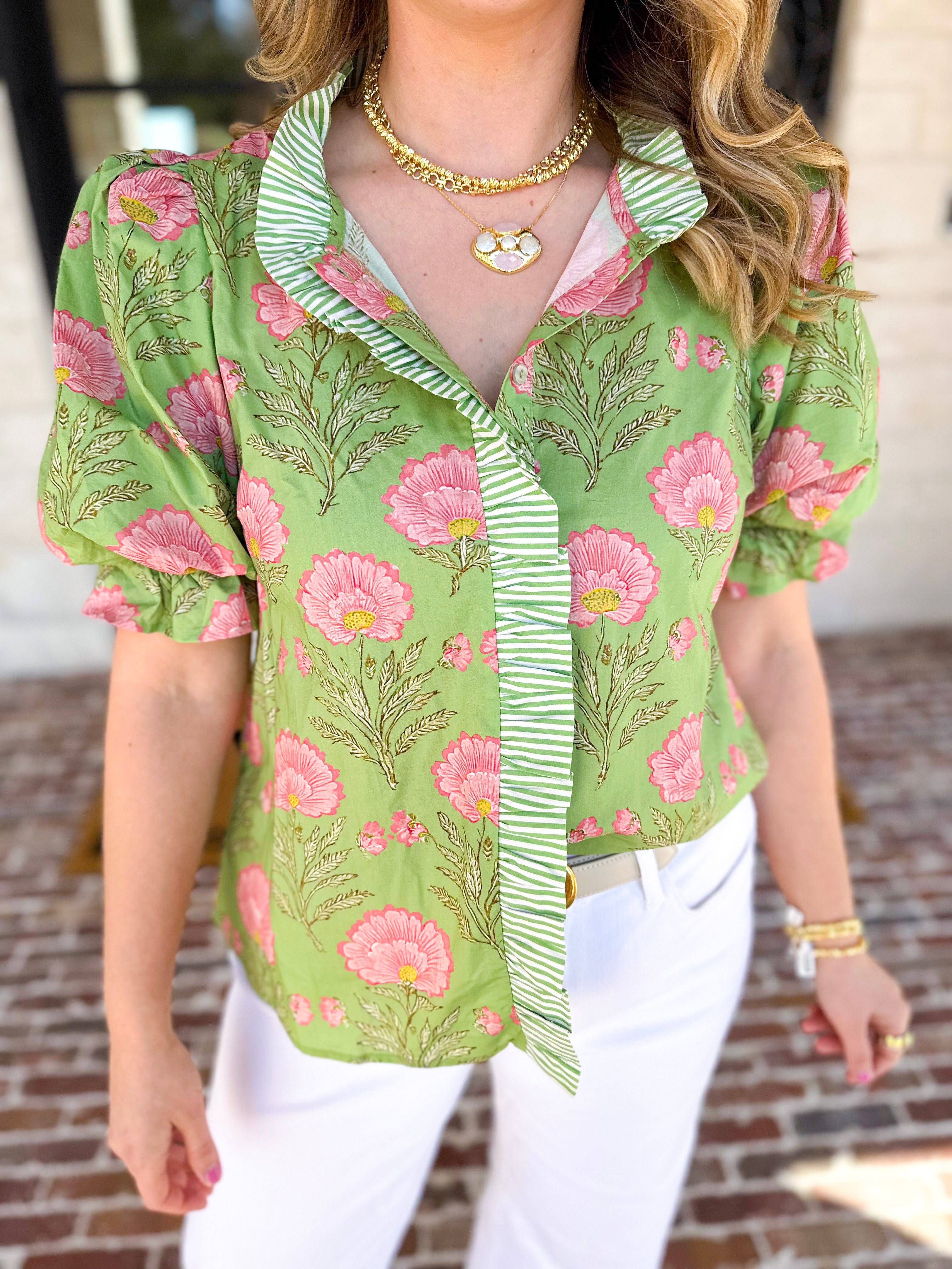 Floral Fun Blouse - Matcha-200 Fashion Blouses-ENTRO-July & June Women's Fashion Boutique Located in San Antonio, Texas