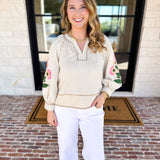 Soft Stripe Embroidered Blouse - Neutral-200 Fashion Blouses-ENTRO-July & June Women's Fashion Boutique Located in San Antonio, Texas