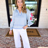 Soft Stripe Embroidered Blouse - Blue-200 Fashion Blouses-ENTRO-July & June Women's Fashion Boutique Located in San Antonio, Texas