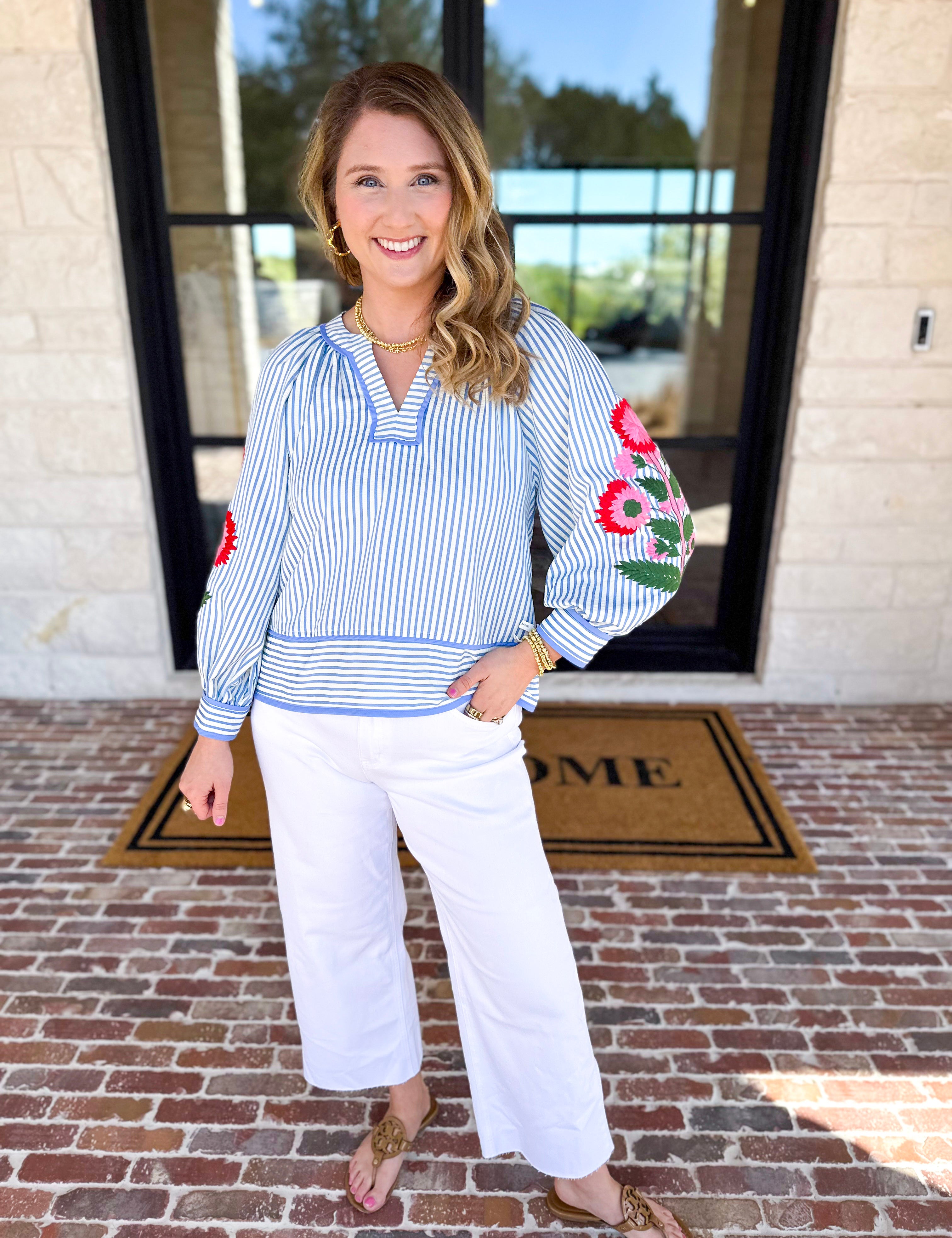 Soft Stripe Embroidered Blouse - Blue-200 Fashion Blouses-ENTRO-July & June Women's Fashion Boutique Located in San Antonio, Texas