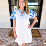 Ivory & Bold Blue Mini Dres-510 Mini-ENTRO-July & June Women's Fashion Boutique Located in San Antonio, Texas