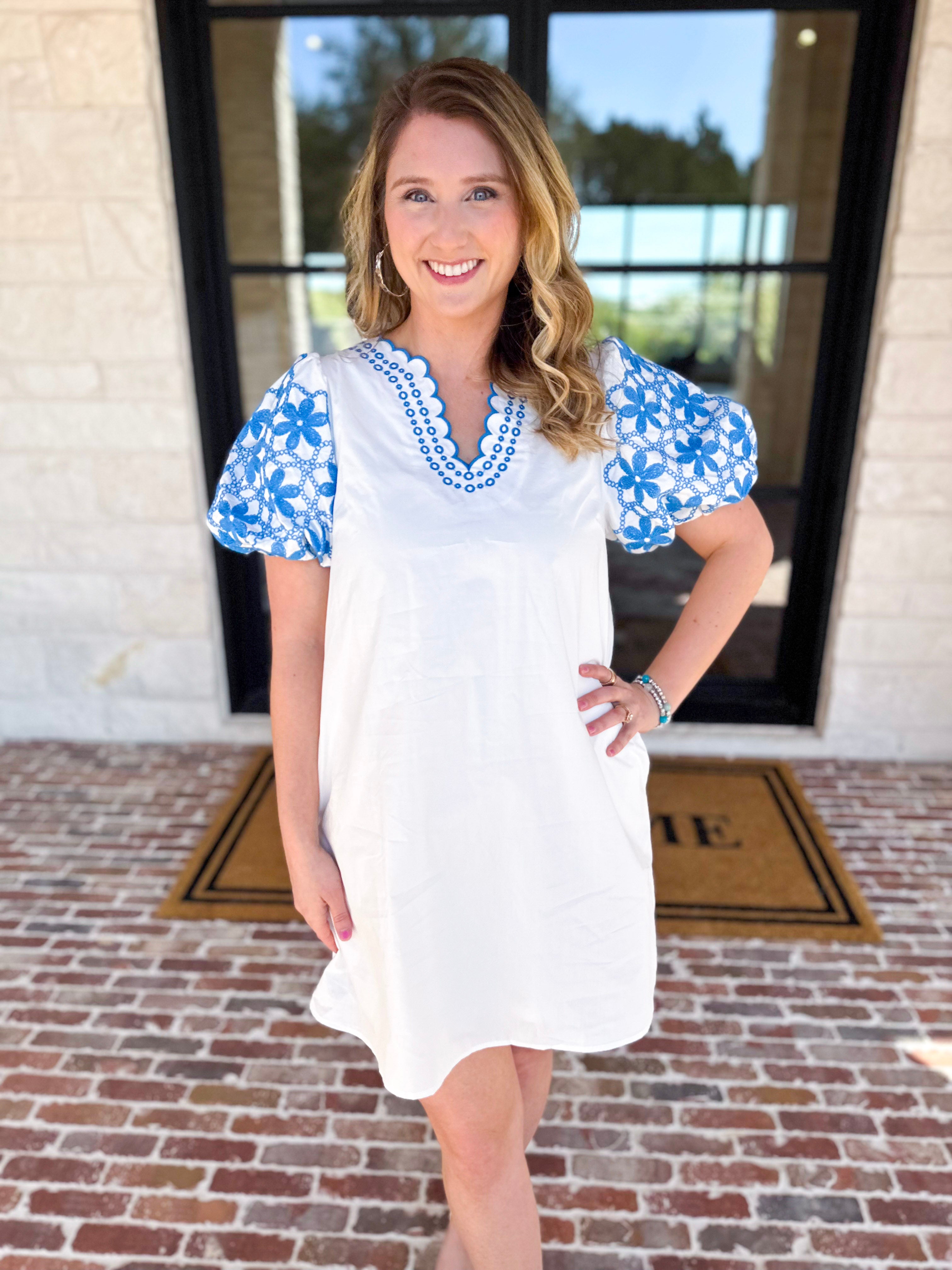 Ivory & Bold Blue Mini Dres-510 Mini-ENTRO-July & June Women's Fashion Boutique Located in San Antonio, Texas