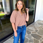 August Gingham Blouse - Golden Tan-200 Fashion Blouses-OLIVACEOUS-July & June Women's Fashion Boutique Located in San Antonio, Texas