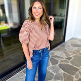 August Gingham Blouse - Golden Tan-200 Fashion Blouses-OLIVACEOUS-July & June Women's Fashion Boutique Located in San Antonio, Texas