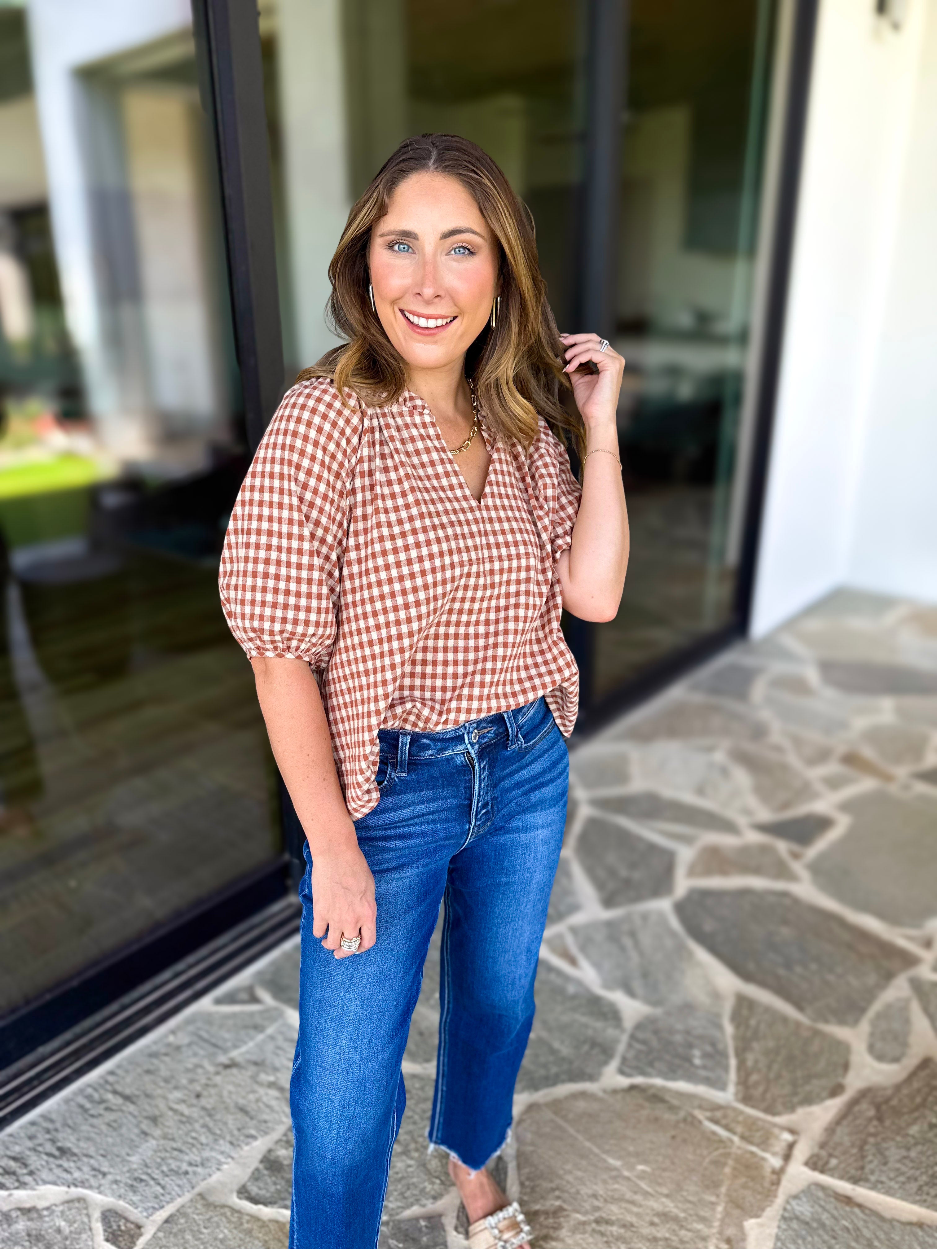 August Gingham Blouse - Golden Tan-200 Fashion Blouses-OLIVACEOUS-July & June Women's Fashion Boutique Located in San Antonio, Texas