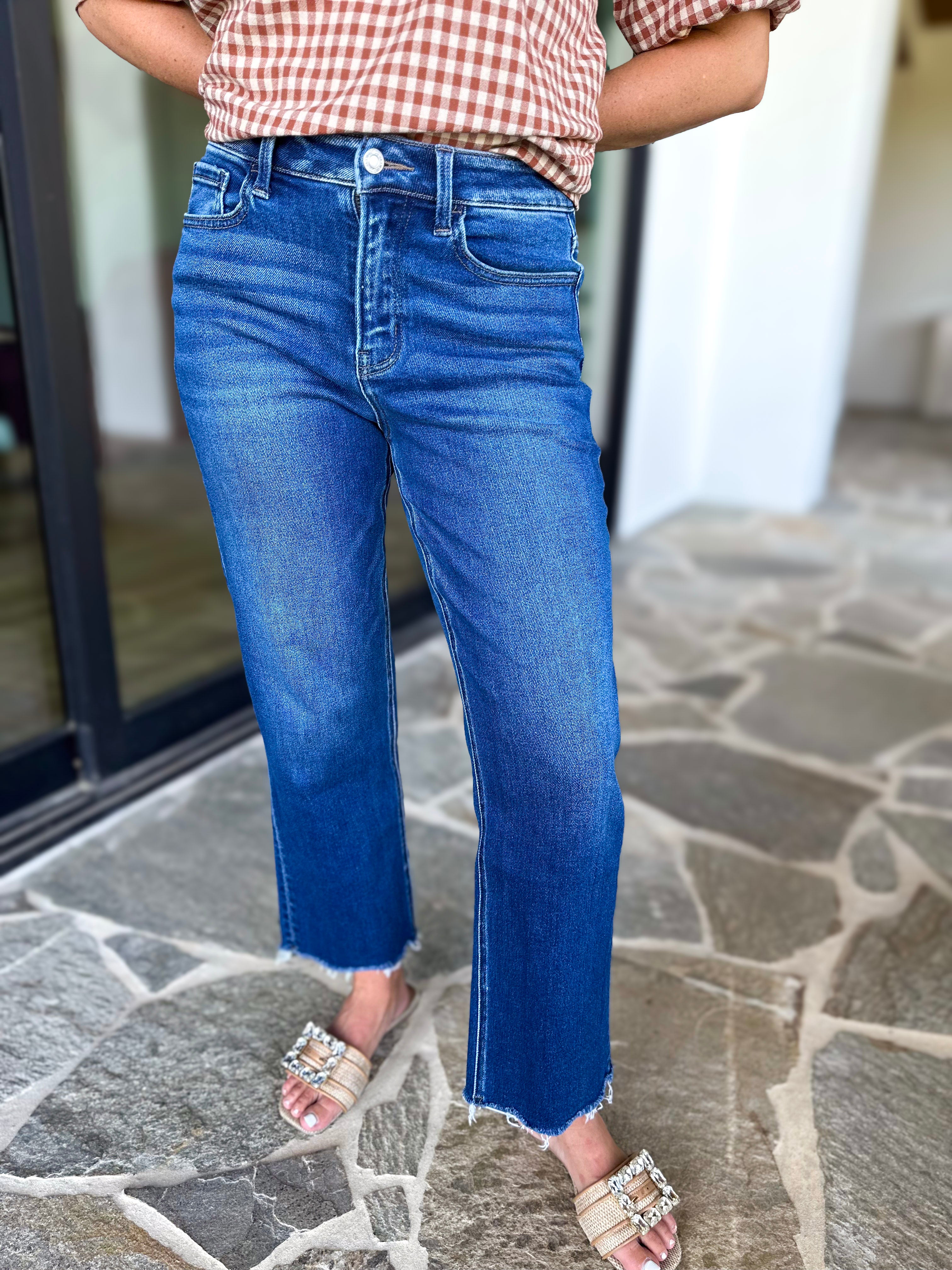 Vervet - High Rise Cropped Dark Wash Straight Leg Jeans-420 Denim-VEVERT BY FLYING MONKEY-July & June Women's Fashion Boutique Located in San Antonio, Texas