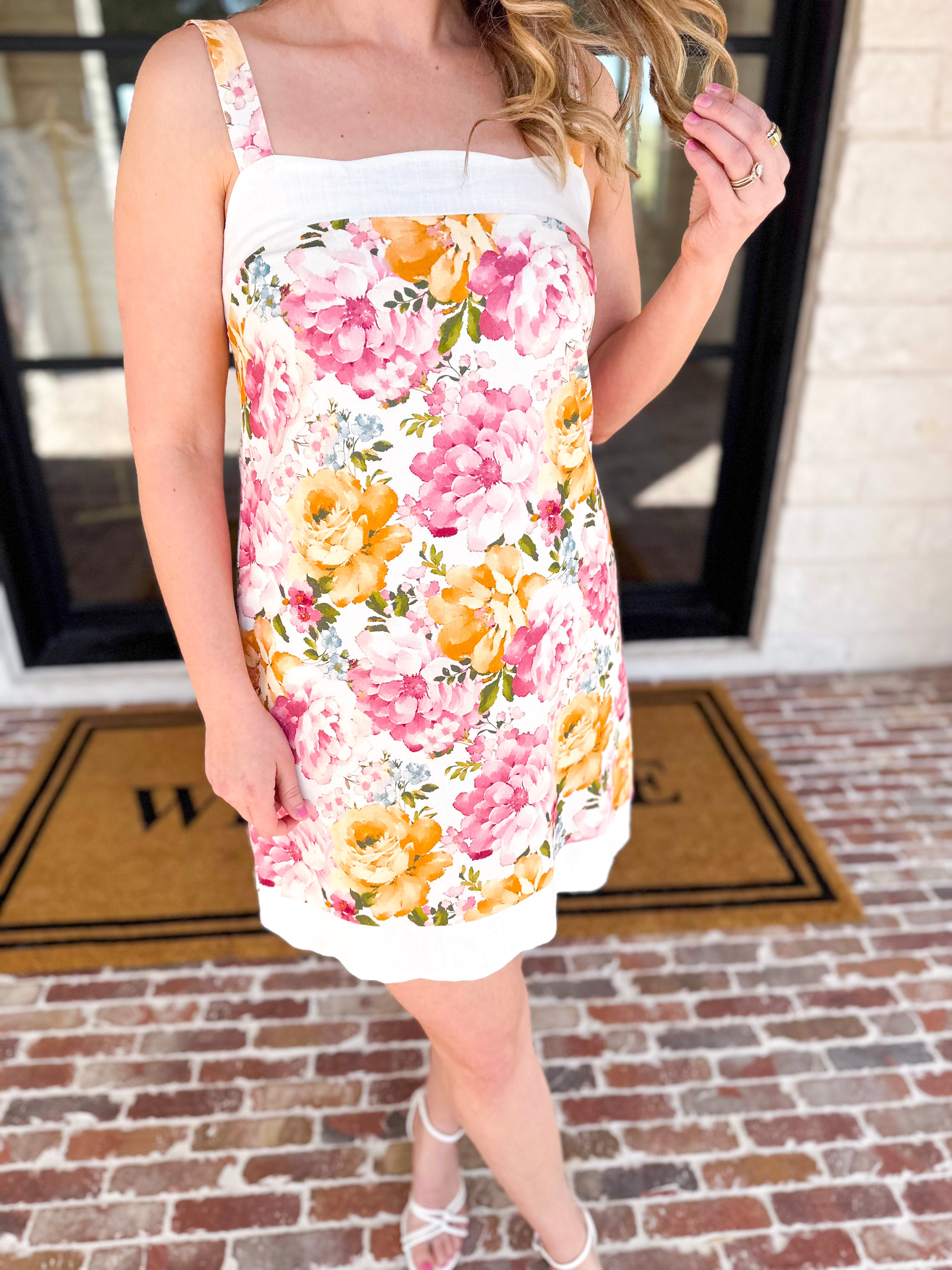 Cream & Floral Scalloped Mini Dress-510 Mini-FATE-July & June Women's Fashion Boutique Located in San Antonio, Texas