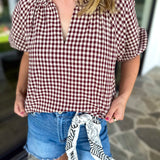 August Gingham Blouse - Maroon-200 Fashion Blouses-OLIVACEOUS-July & June Women's Fashion Boutique Located in San Antonio, Texas