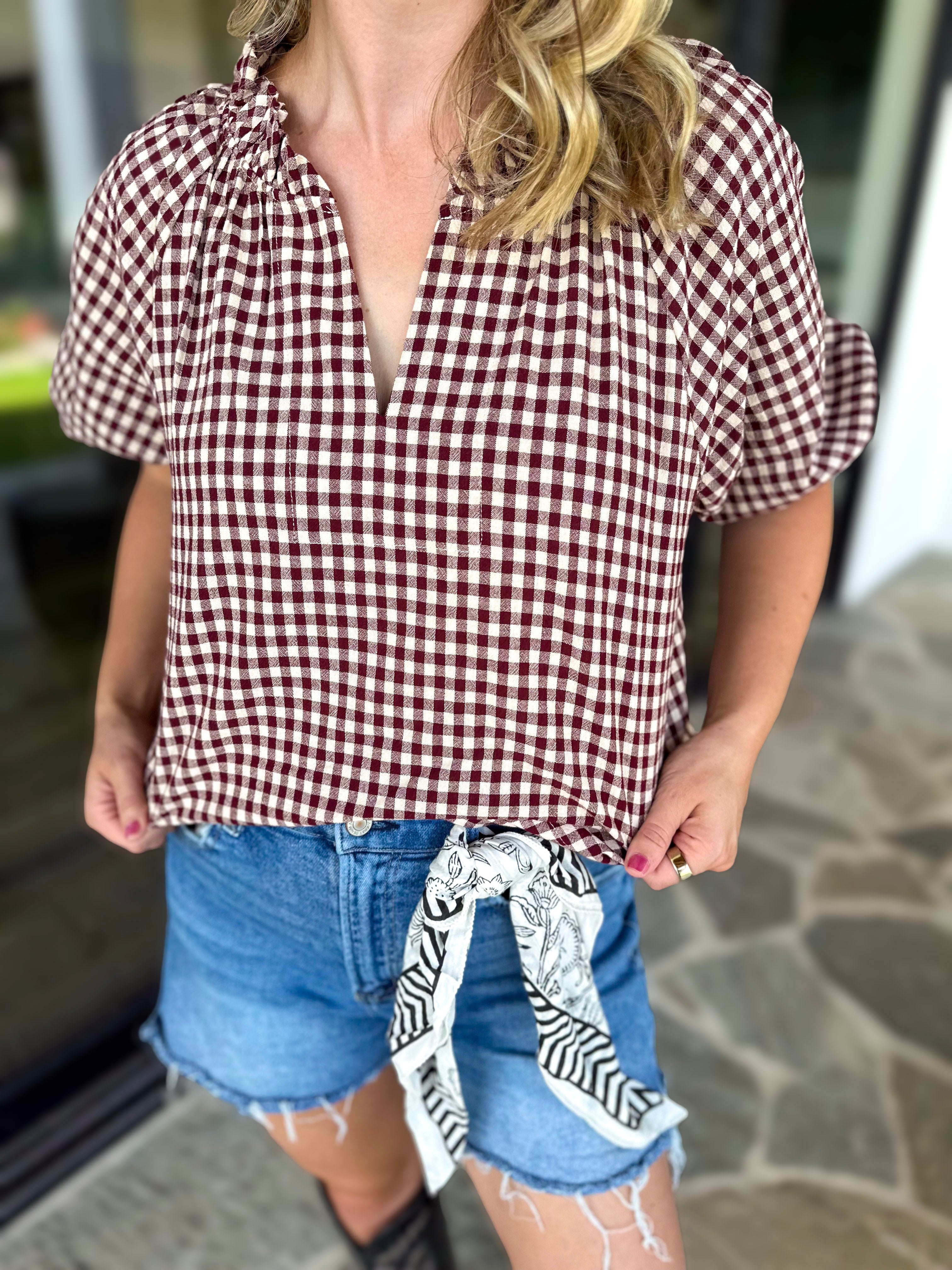 August Gingham Blouse - Maroon-200 Fashion Blouses-OLIVACEOUS-July & June Women's Fashion Boutique Located in San Antonio, Texas