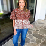 Ellie Floral Blouse - Brown Rust-200 Fashion Blouses-OLIVACEOUS-July & June Women's Fashion Boutique Located in San Antonio, Texas
