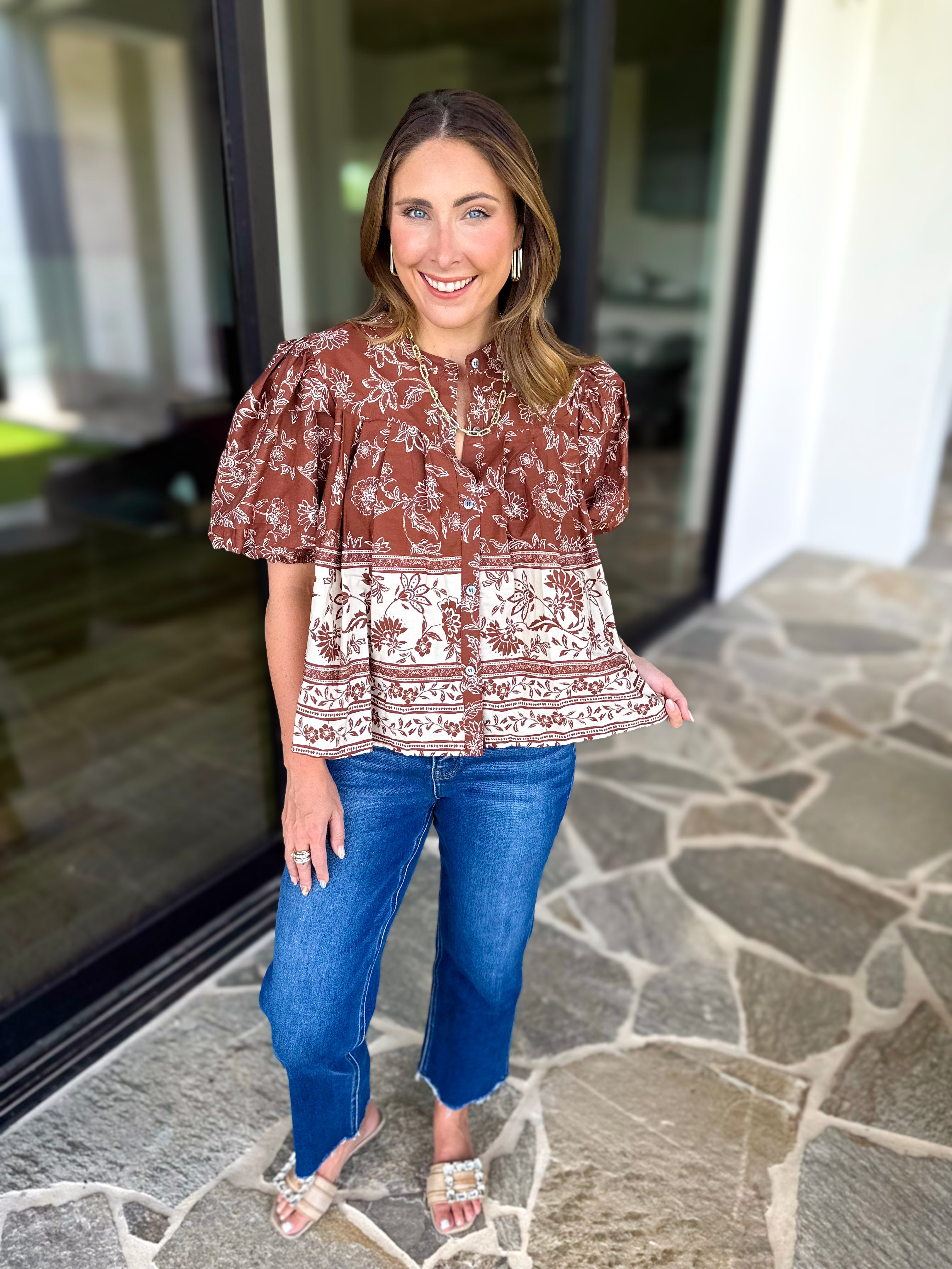 Ellie Floral Blouse - Brown Rust-200 Fashion Blouses-OLIVACEOUS-July & June Women's Fashion Boutique Located in San Antonio, Texas