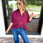 Effortless Ruffle Hem Blouse - Maroon-200 Fashion Blouses-ENTRO-July & June Women's Fashion Boutique Located in San Antonio, Texas