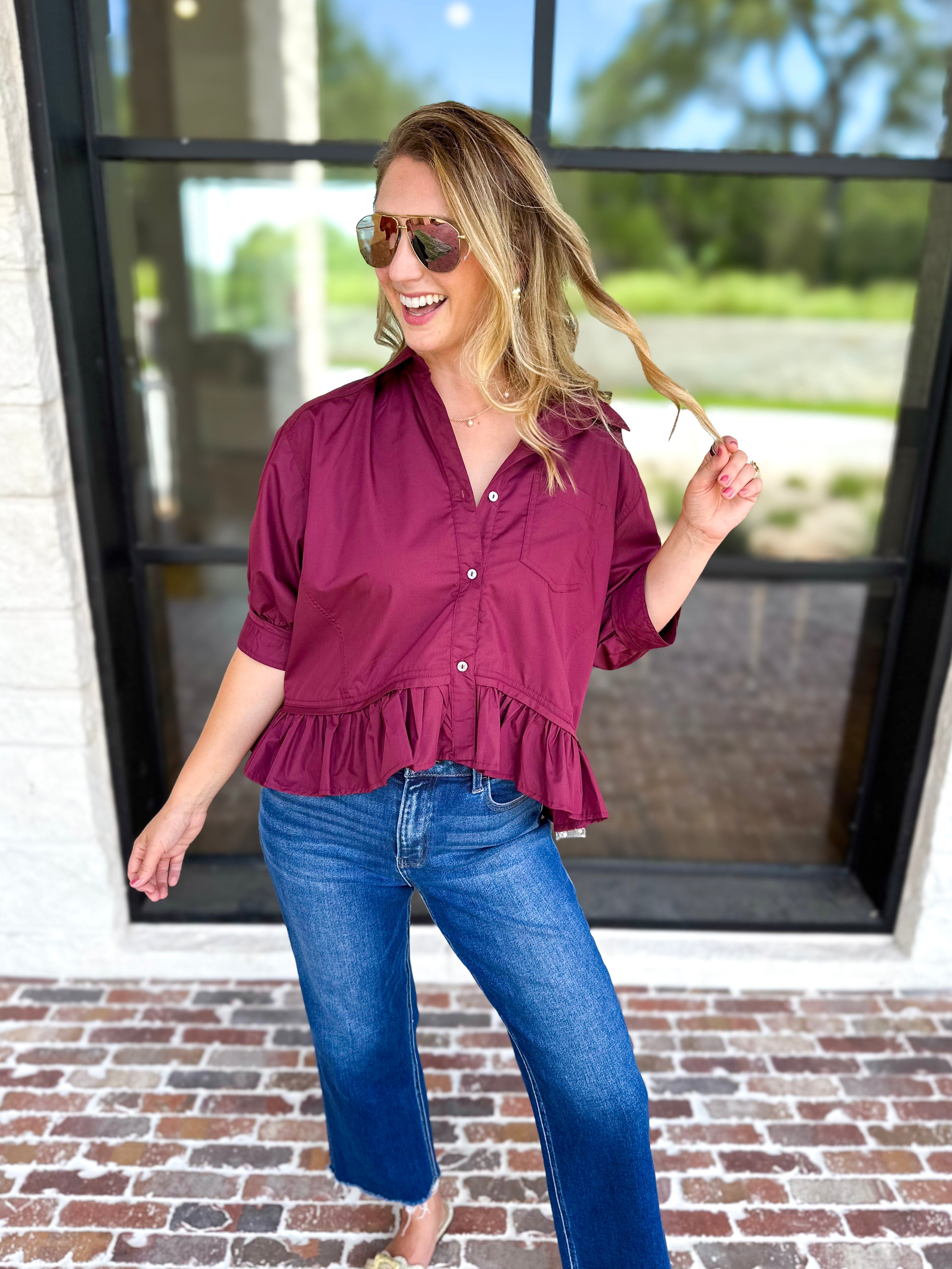 Effortless Ruffle Hem Blouse - Maroon-200 Fashion Blouses-ENTRO-July & June Women's Fashion Boutique Located in San Antonio, Texas