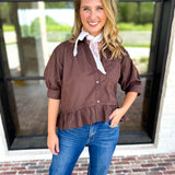 Effortless Ruffle Hem Blouse - Brown-200 Fashion Blouses-ENTRO-July & June Women's Fashion Boutique Located in San Antonio, Texas