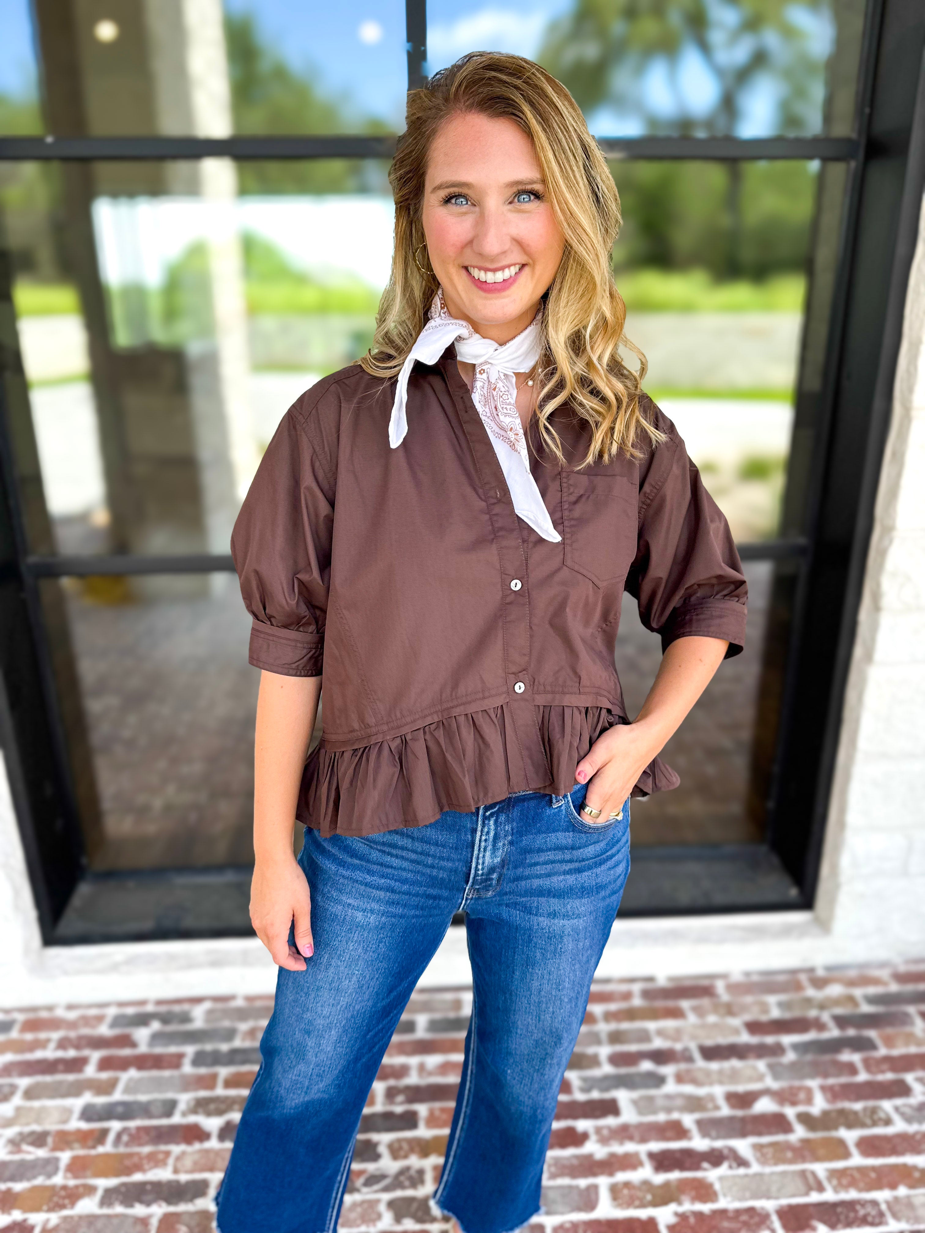 Effortless Ruffle Hem Blouse - Brown-200 Fashion Blouses-ENTRO-July & June Women's Fashion Boutique Located in San Antonio, Texas