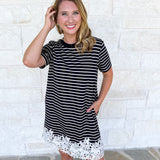 Stripes & Lace Shift Dress - Black-510 Mini-ENTRO-July & June Women's Fashion Boutique Located in San Antonio, Texas