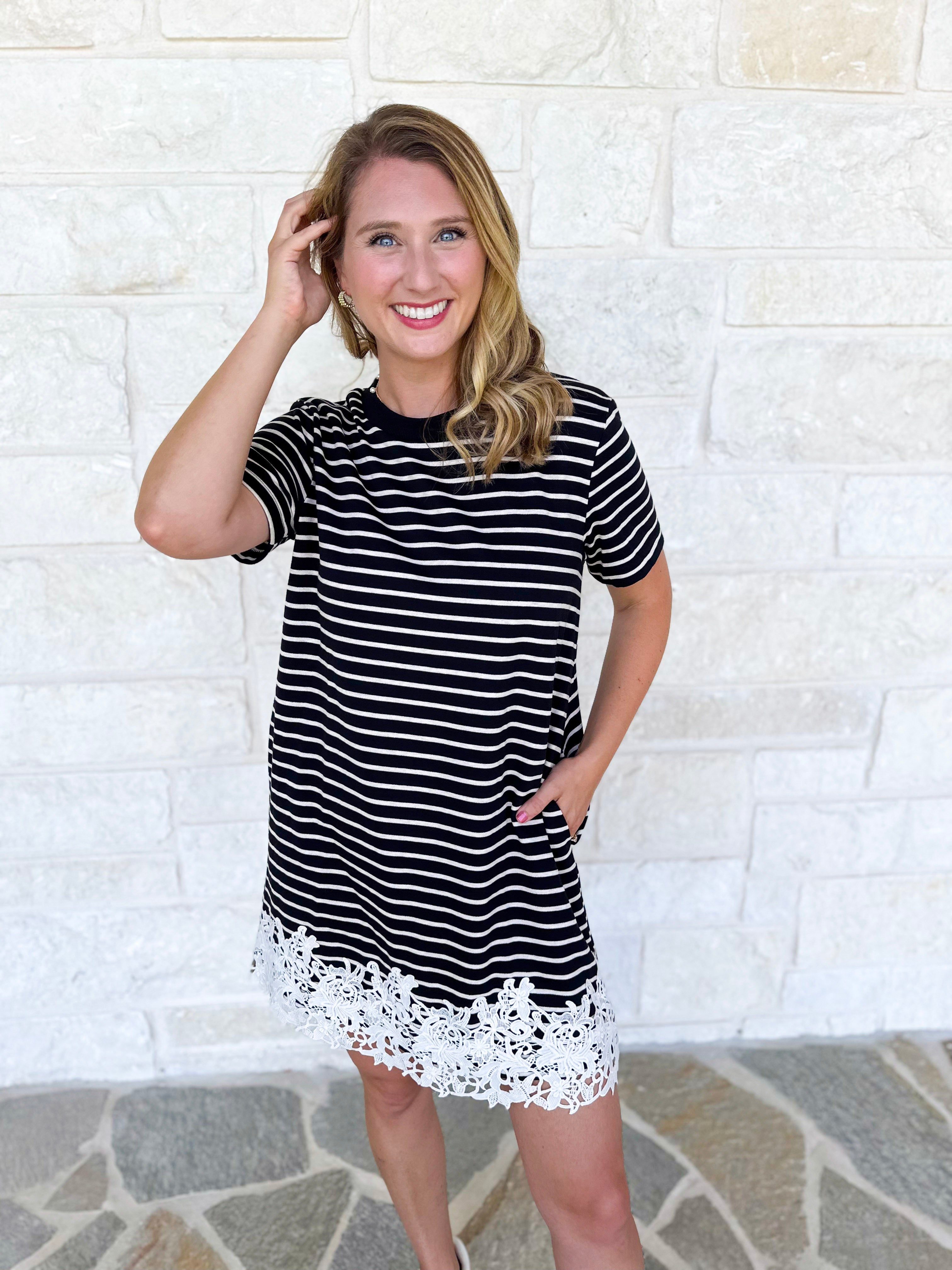 Stripes & Lace Shift Dress - Black-510 Mini-ENTRO-July & June Women's Fashion Boutique Located in San Antonio, Texas