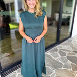 Polished Pin-Tuck Midi Dress - Pine Green-500 Midi-ENTRO-July & June Women's Fashion Boutique Located in San Antonio, Texas