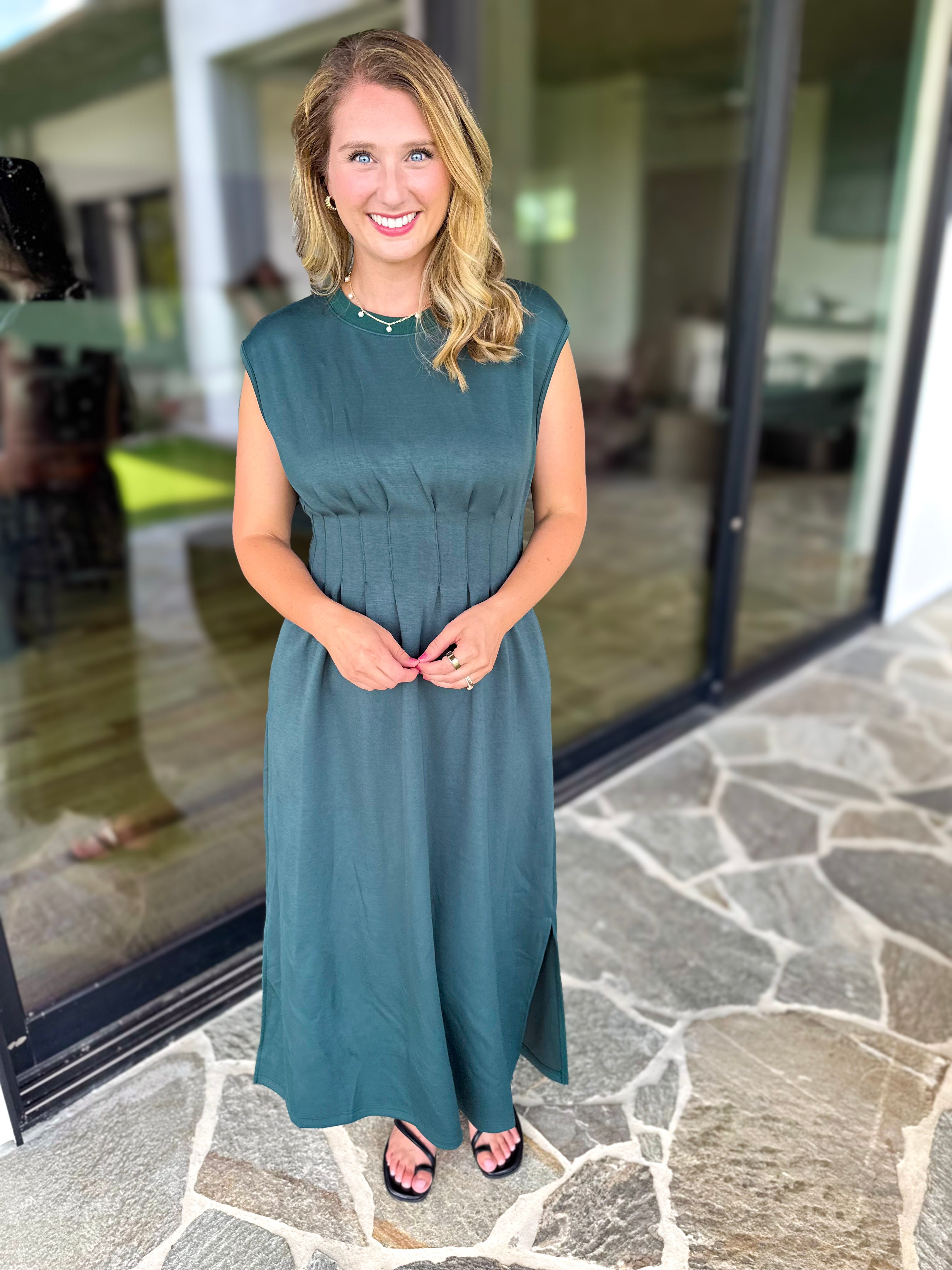 Polished Pin-Tuck Midi Dress - Pine Green-500 Midi-ENTRO-July & June Women's Fashion Boutique Located in San Antonio, Texas