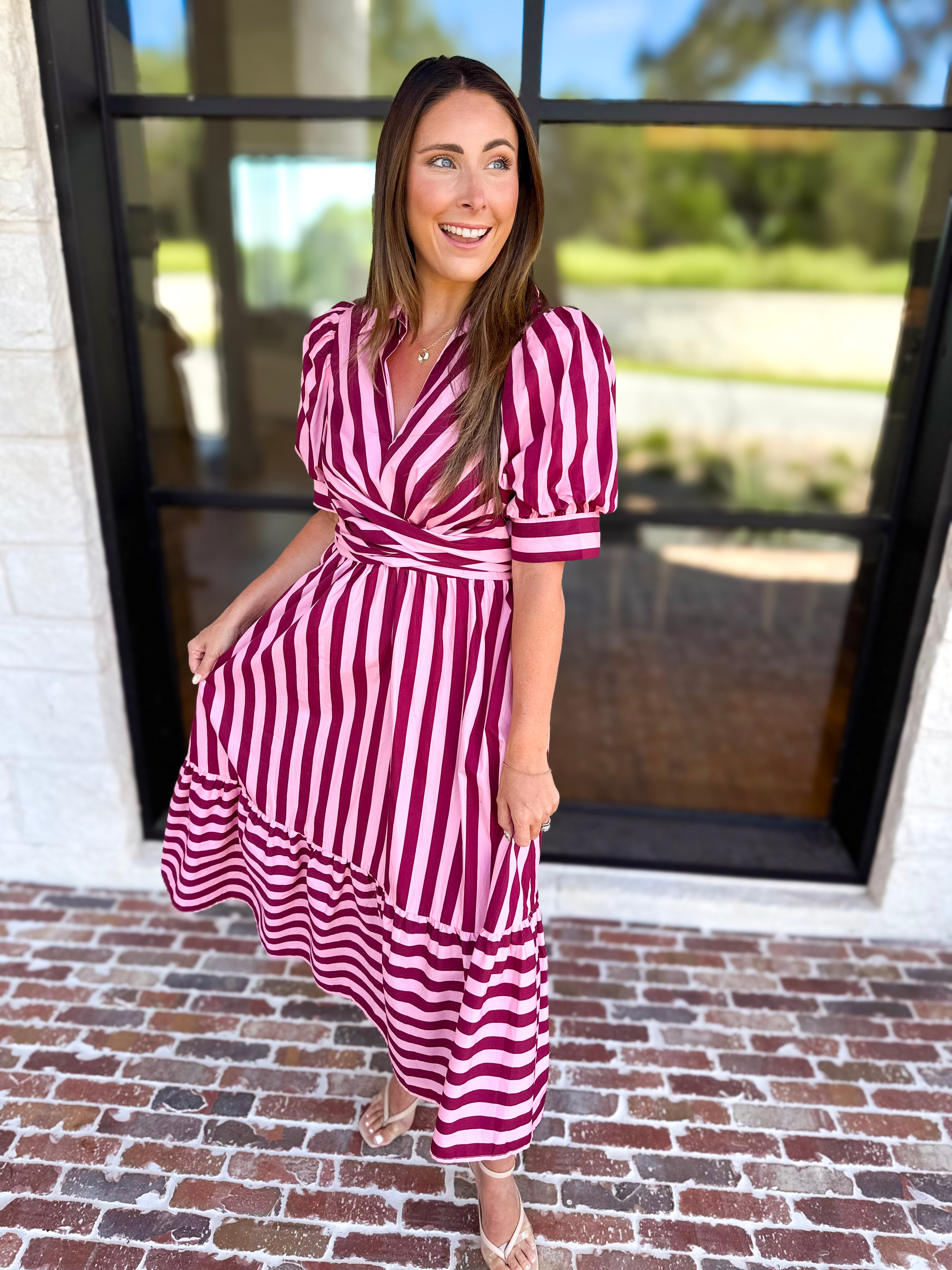 Color Drench Striped Midi Dress - Blushed Berry-500 Midi-ENTRO-July & June Women's Fashion Boutique Located in San Antonio, Texas