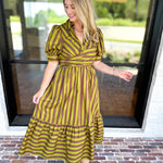Color Drench Striped Midi Dress - Martini Olive-500 Midi-ENTRO-July & June Women's Fashion Boutique Located in San Antonio, Texas