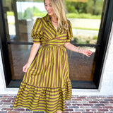 Color Drench Striped Midi Dress - Martini Olive-500 Midi-ENTRO-July & June Women's Fashion Boutique Located in San Antonio, Texas