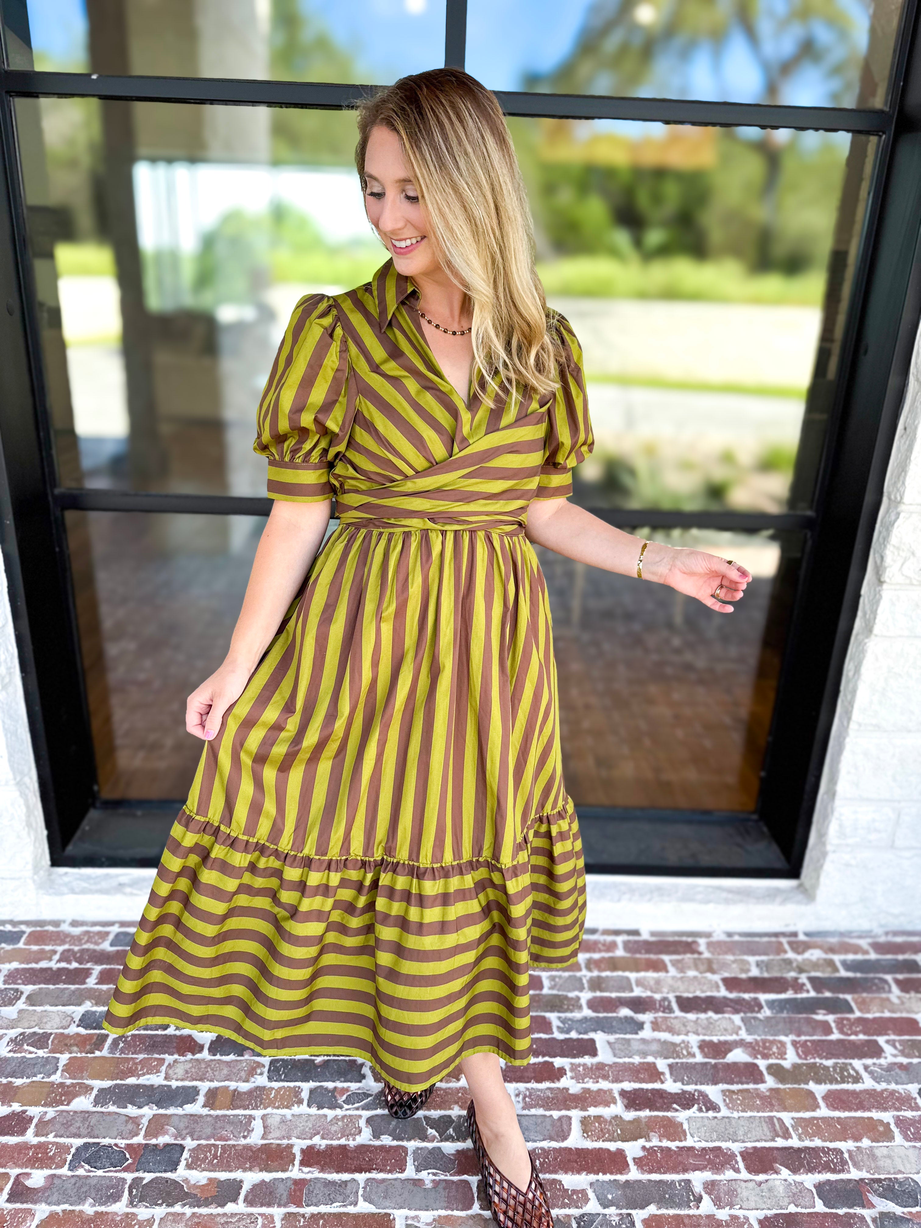 Color Drench Striped Midi Dress - Martini Olive-500 Midi-ENTRO-July & June Women's Fashion Boutique Located in San Antonio, Texas