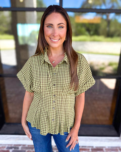 Living Life Gingham Top - Matcha-200 Fashion Blouses-ENTRO-July & June Women's Fashion Boutique Located in San Antonio, Texas