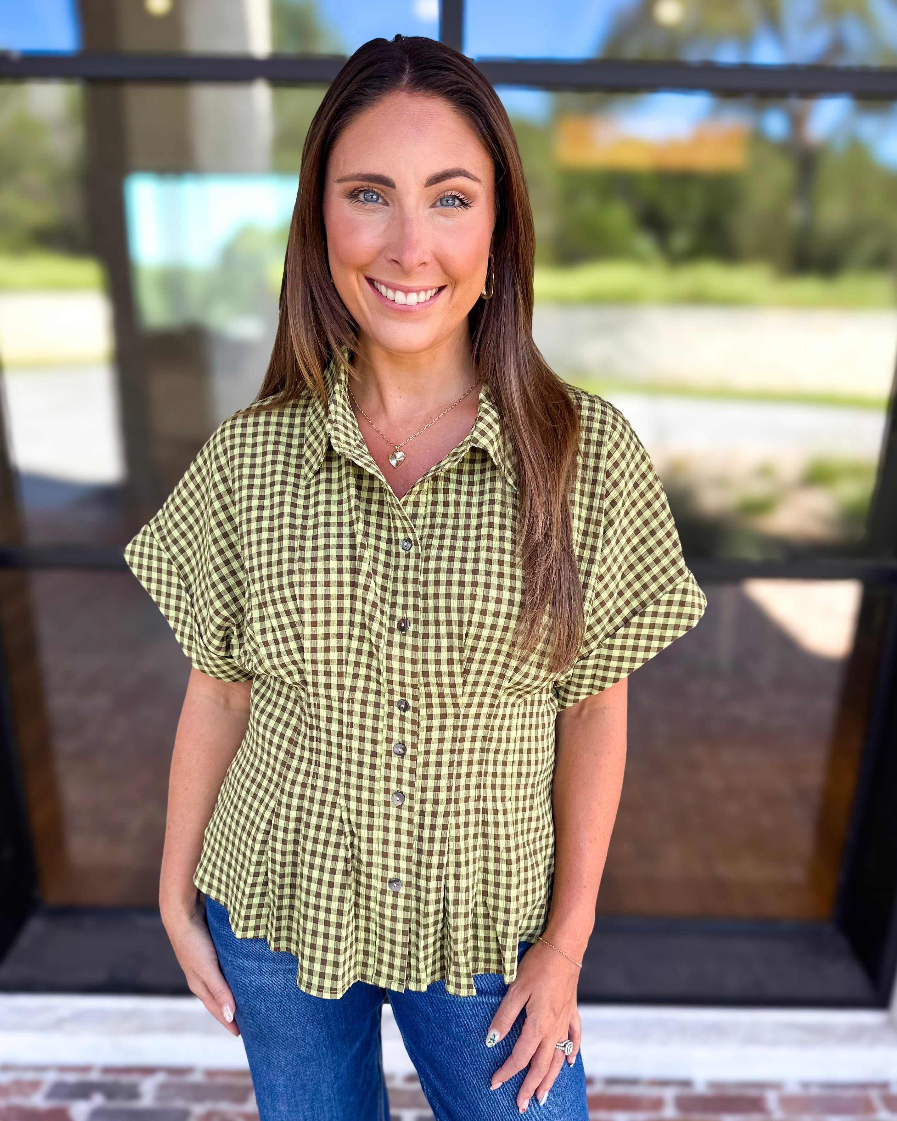 Living Life Gingham Top - Matcha-200 Fashion Blouses-ENTRO-July & June Women's Fashion Boutique Located in San Antonio, Texas