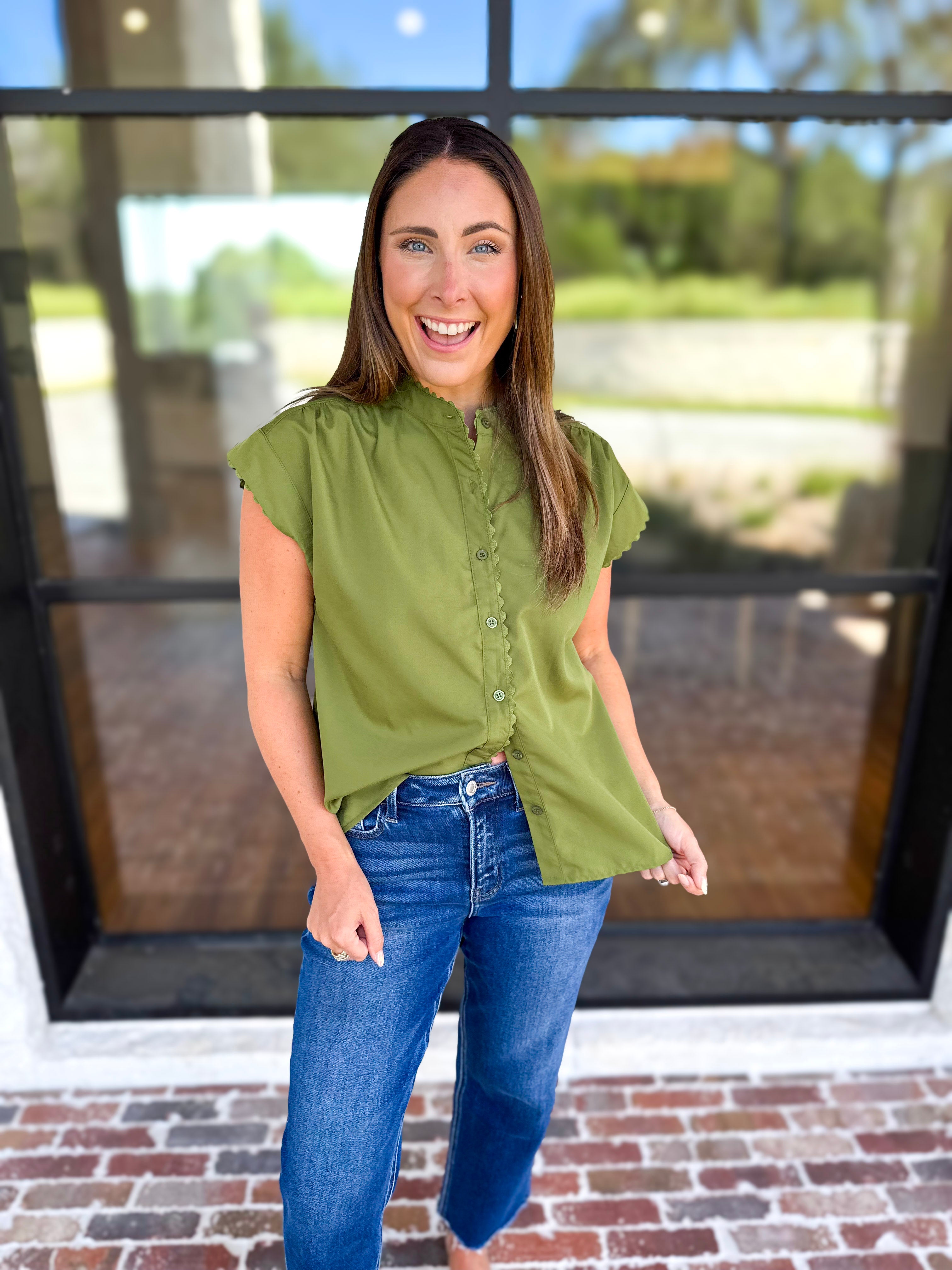 Ric Rac Button Down Top - Olive-200 Fashion Blouses-ENTRO-July & June Women's Fashion Boutique Located in San Antonio, Texas