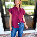 Ric Rac Button Down Top - Wine-200 Fashion Blouses-ENTRO-July & June Women's Fashion Boutique Located in San Antonio, Texas