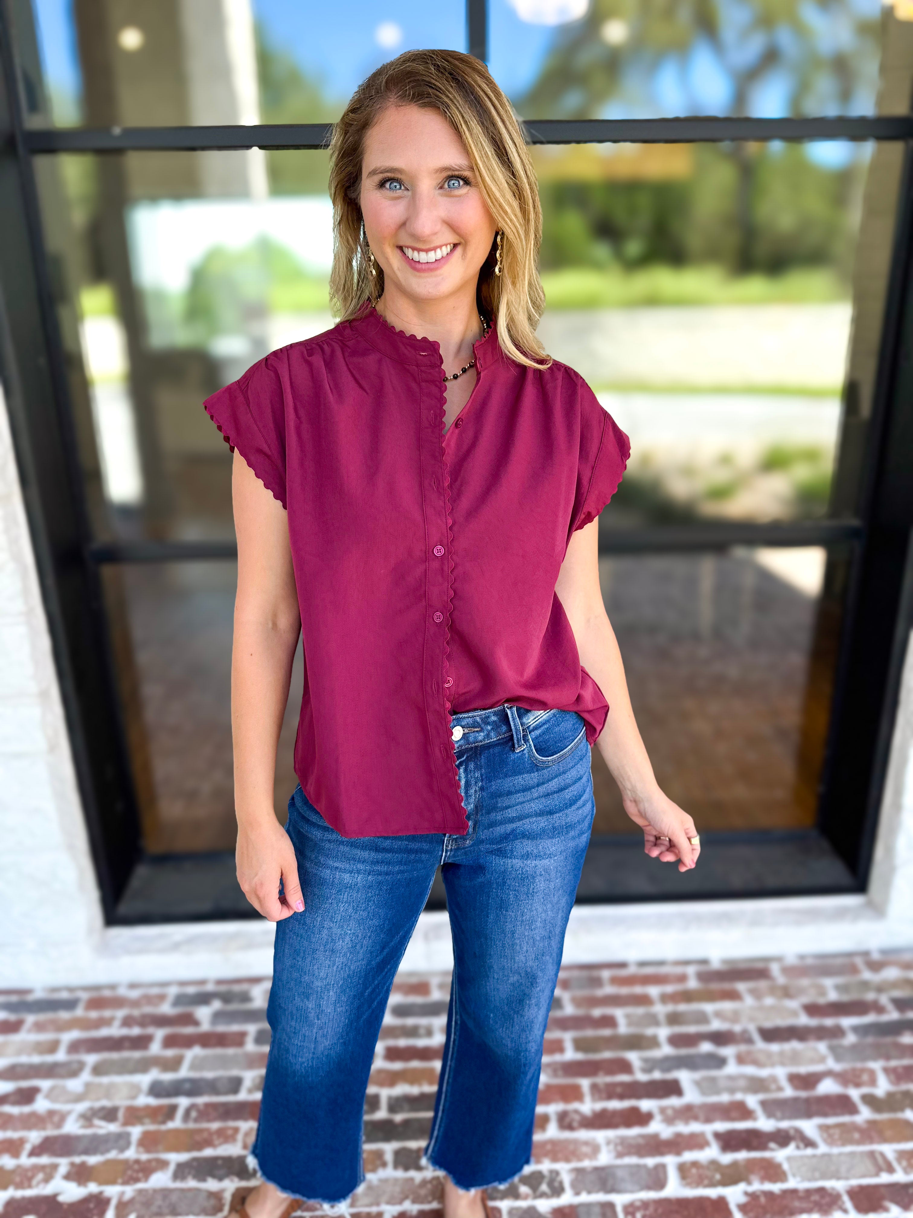 Ric Rac Button Down Top - Wine-200 Fashion Blouses-ENTRO-July & June Women's Fashion Boutique Located in San Antonio, Texas