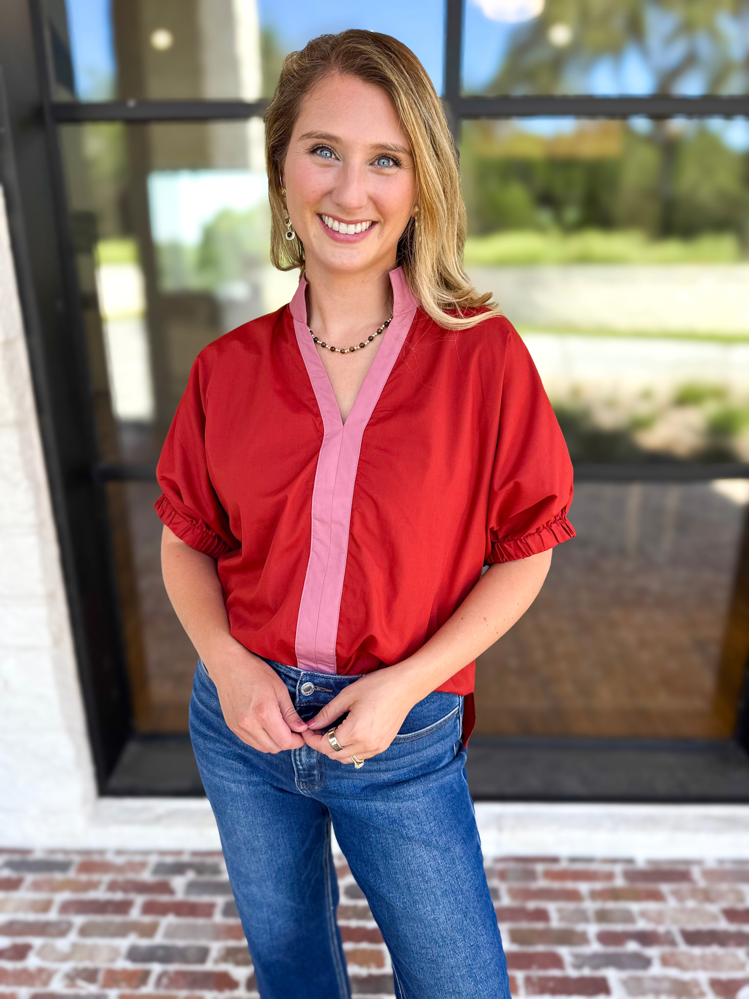 Contrast Chic Blouse - Terracotta-200 Fashion Blouses-ENTRO-July & June Women's Fashion Boutique Located in San Antonio, Texas