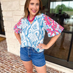 THML - Blue Watercolor Embroidered Blouse-200 Fashion Blouses-THML-July & June Women's Fashion Boutique Located in San Antonio, Texas