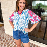 THML - Blue Watercolor Embroidered Blouse-200 Fashion Blouses-THML-July & June Women's Fashion Boutique Located in San Antonio, Texas