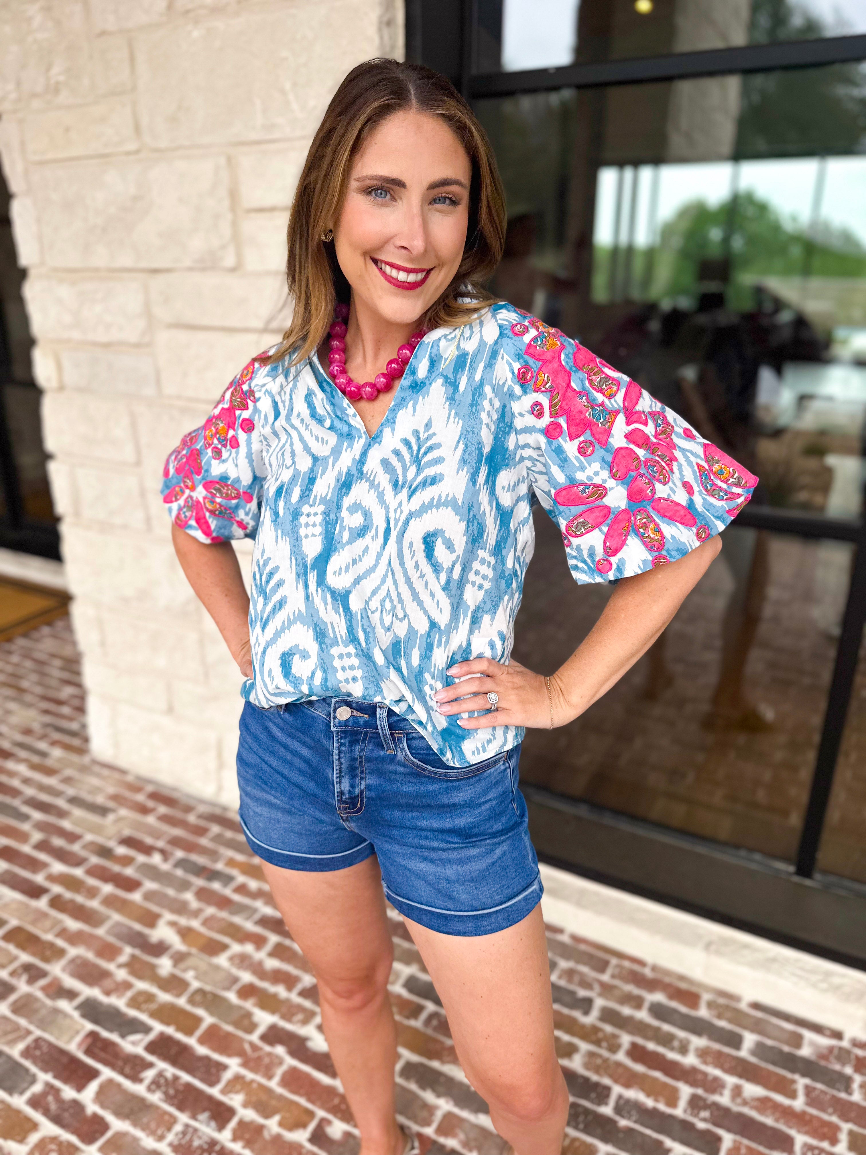 THML - Blue Watercolor Embroidered Blouse-200 Fashion Blouses-THML-July & June Women's Fashion Boutique Located in San Antonio, Texas