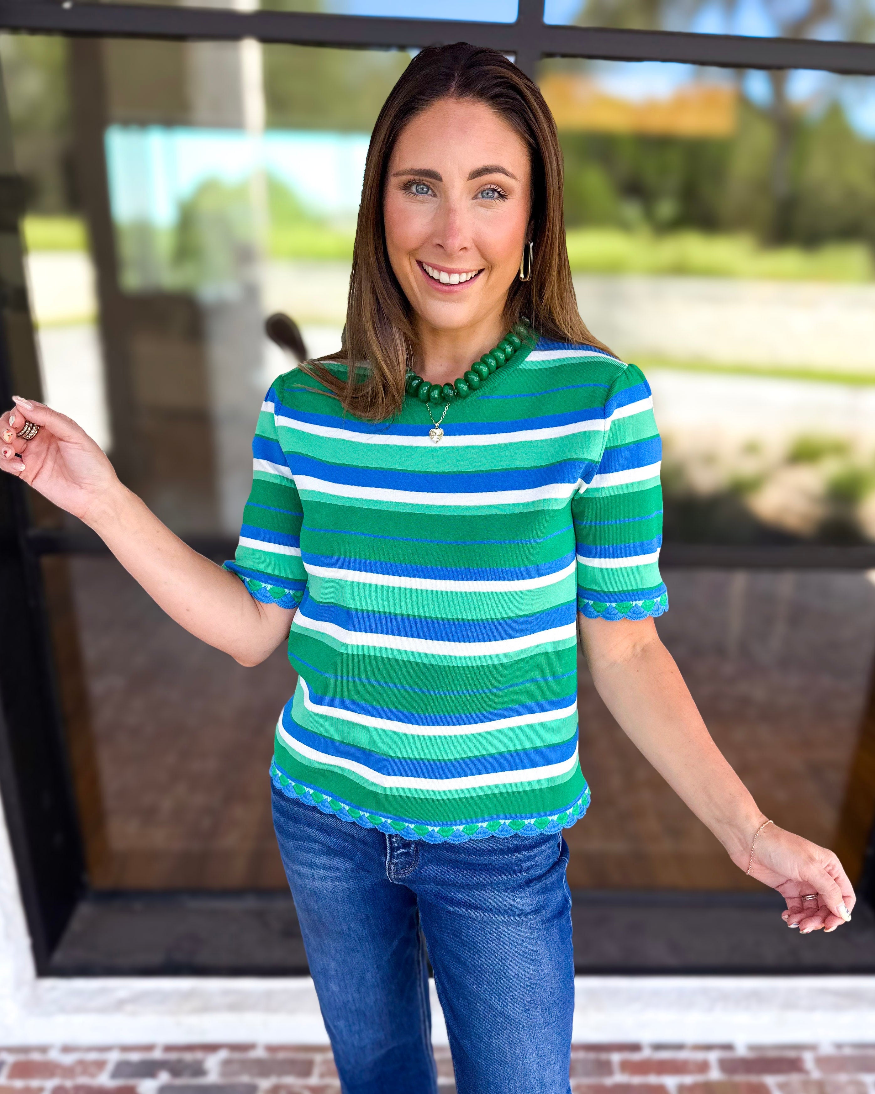 Parker Blue & Green Striped Knit Top-230 Sweaters/Cardis-STRUT & BOLT-July & June Women's Fashion Boutique Located in San Antonio, Texas