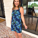 Retro Blue Floral Denim Mini Dress-510 Mini-ENTRO-July & June Women's Fashion Boutique Located in San Antonio, Texas