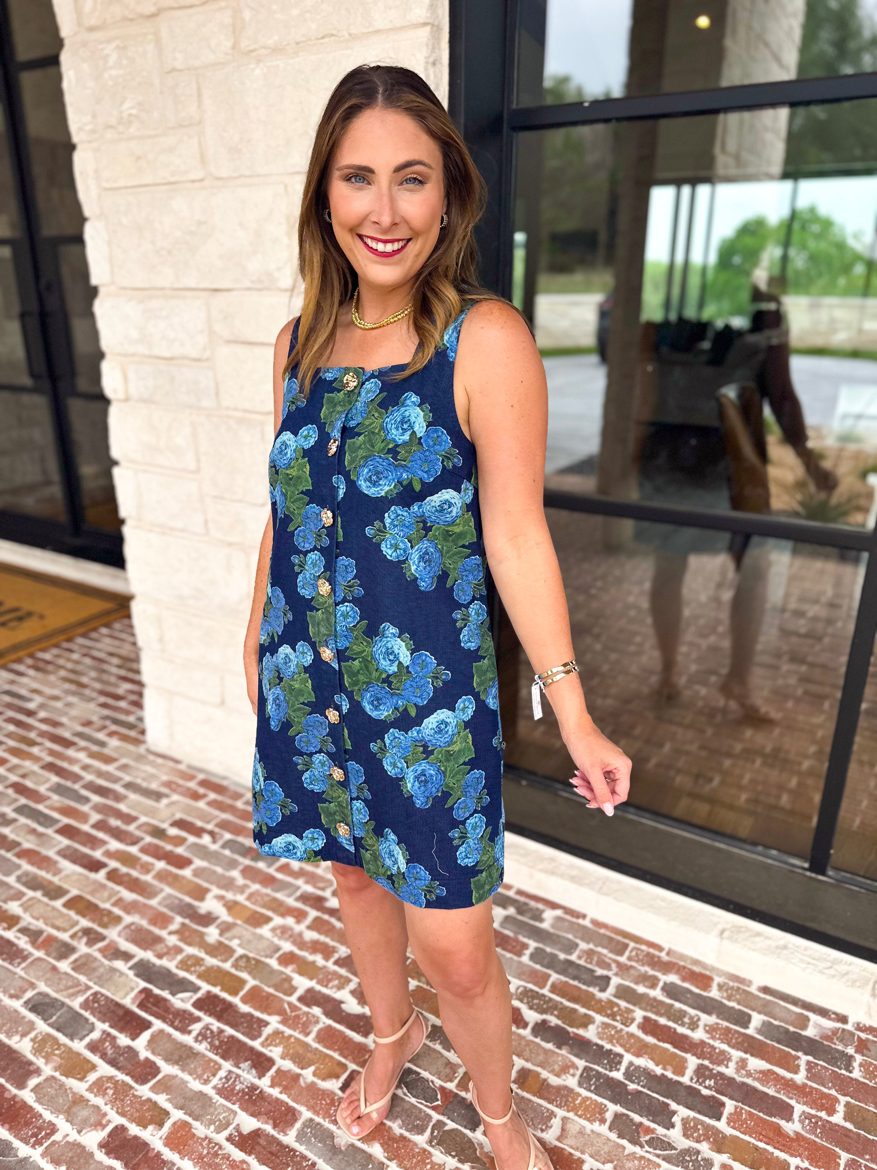 Retro Blue Floral Denim Mini Dress-510 Mini-ENTRO-July & June Women's Fashion Boutique Located in San Antonio, Texas