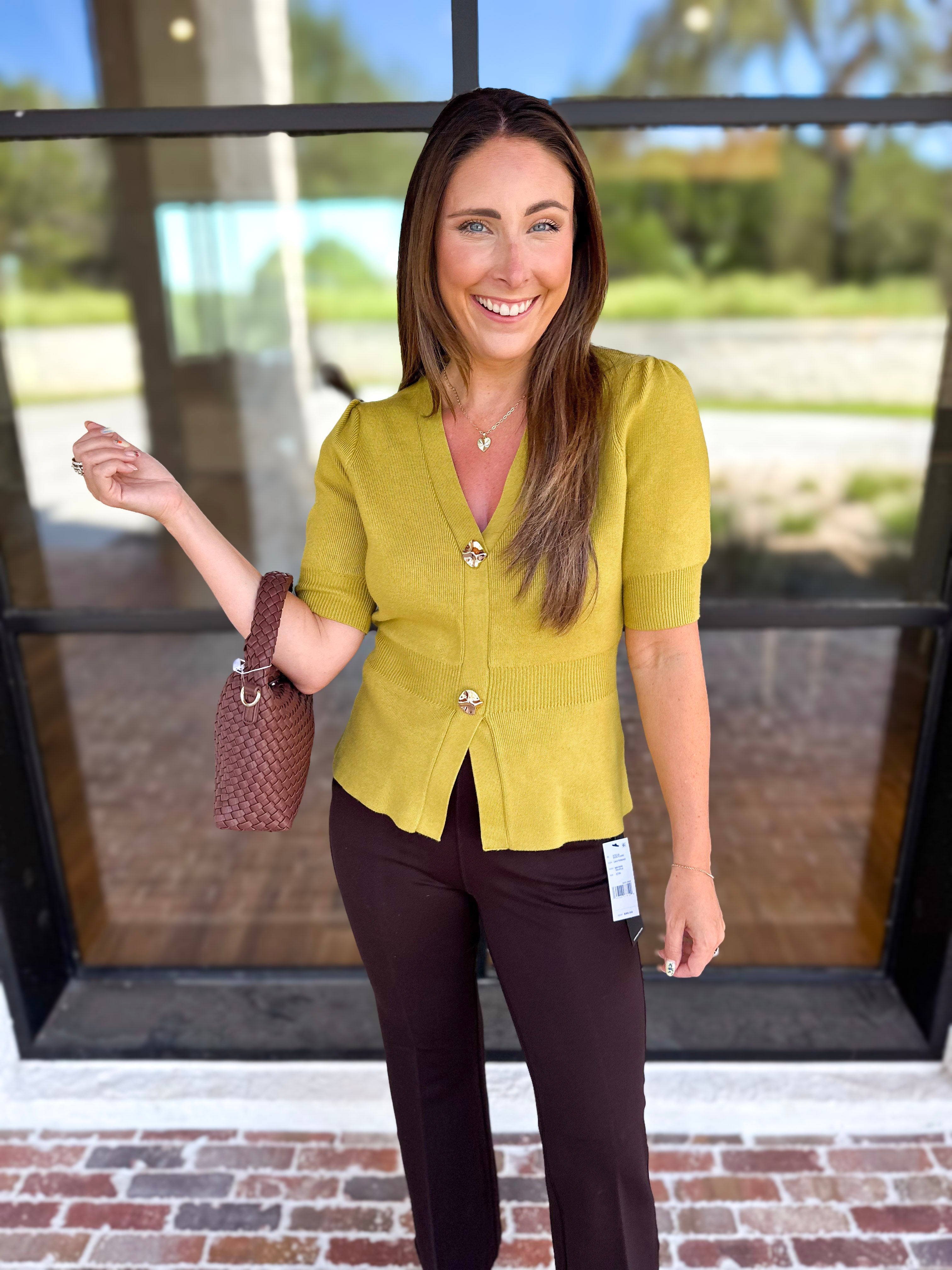 Posh Peplum Knit Blouse - Chartreuse-230 Sweaters/Cardis-SKIES ARE BLUE-July & June Women's Fashion Boutique Located in San Antonio, Texas