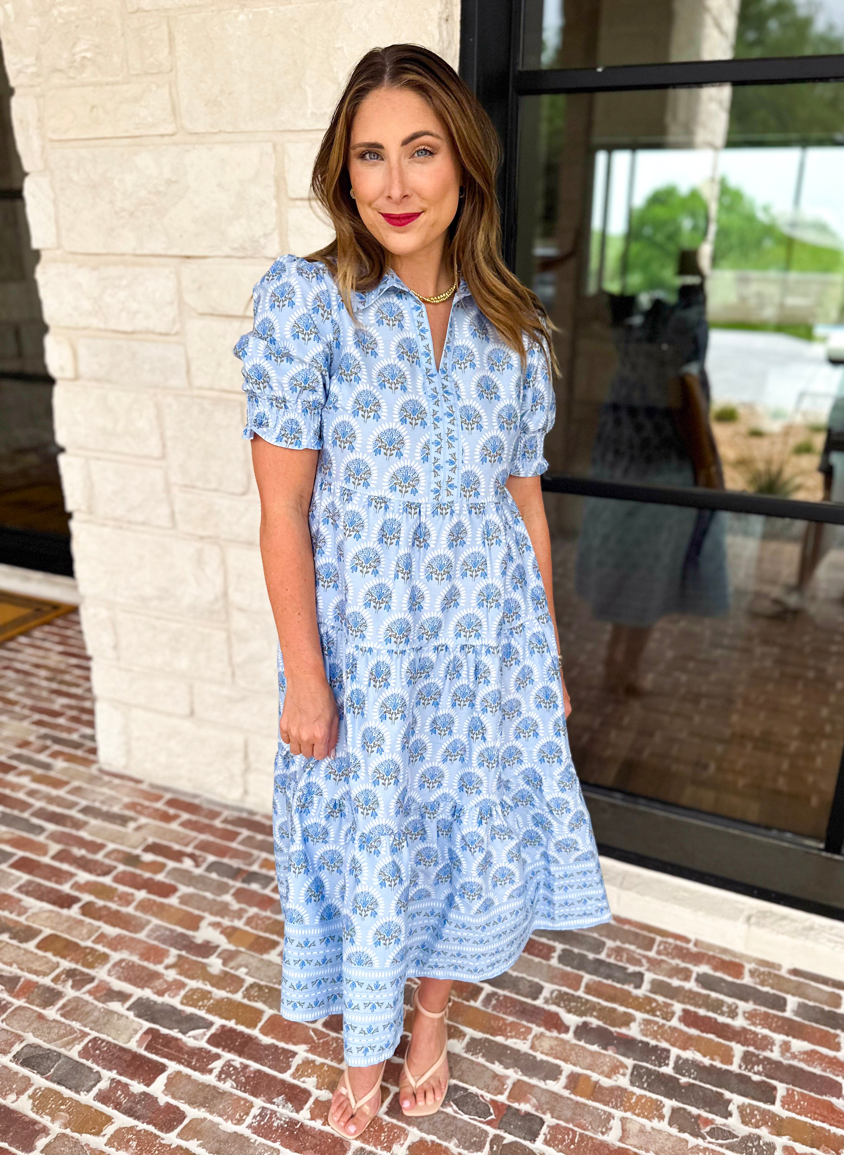 MARY SQUARE - Molly Sunshower Blue Flora Midi Dress-500 Midi-MARY SQUARE-July & June Women's Fashion Boutique Located in San Antonio, Texas