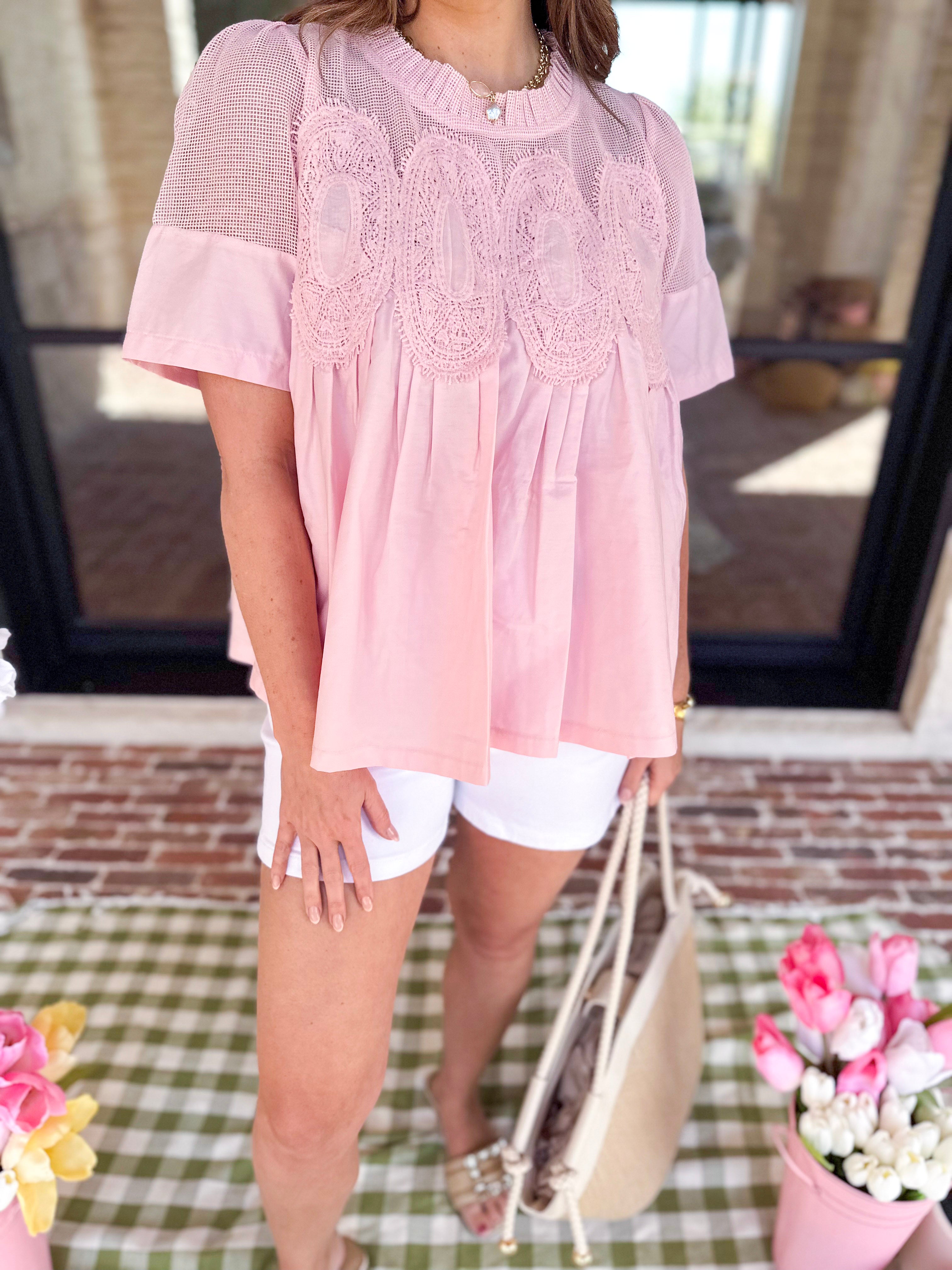 New Romantics Lace Blouse - Baby Pink-200 Fashion Blouses-FATE-July & June Women's Fashion Boutique Located in San Antonio, Texas