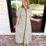 Olive Gingham & Collared Midi Dress-500 Midi-ENTRO-July & June Women's Fashion Boutique Located in San Antonio, Texas